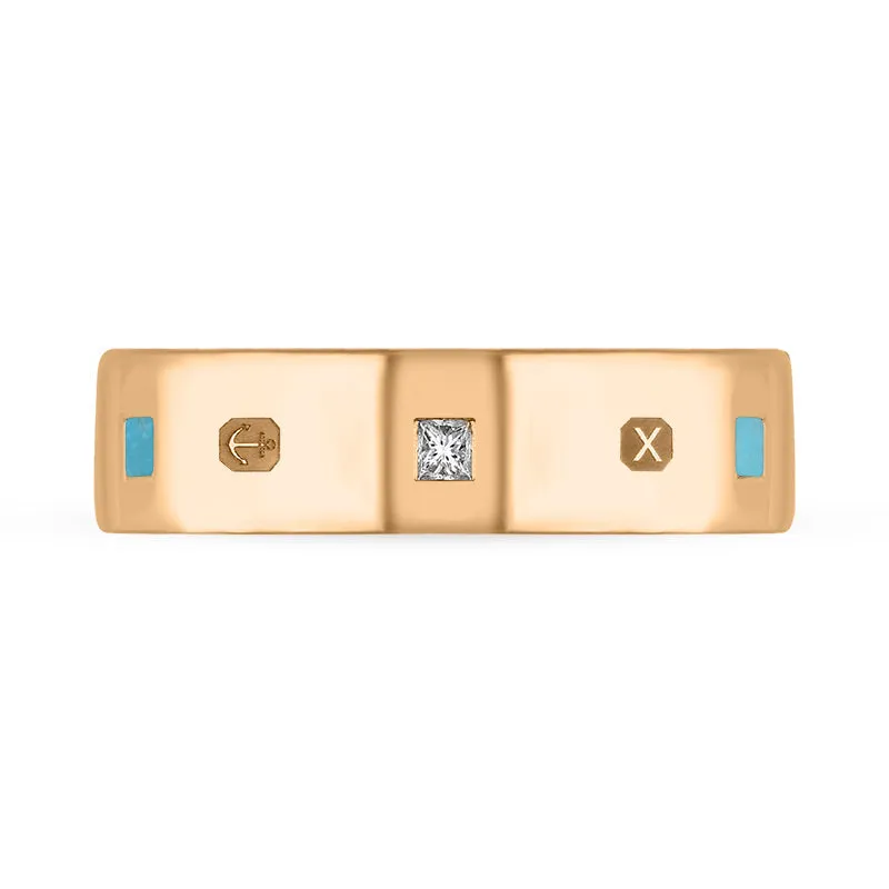 9ct Rose Gold Turquoise 0.18ct Diamond Queen's Jubilee Hallmark Princess Cut 6mm Ring D