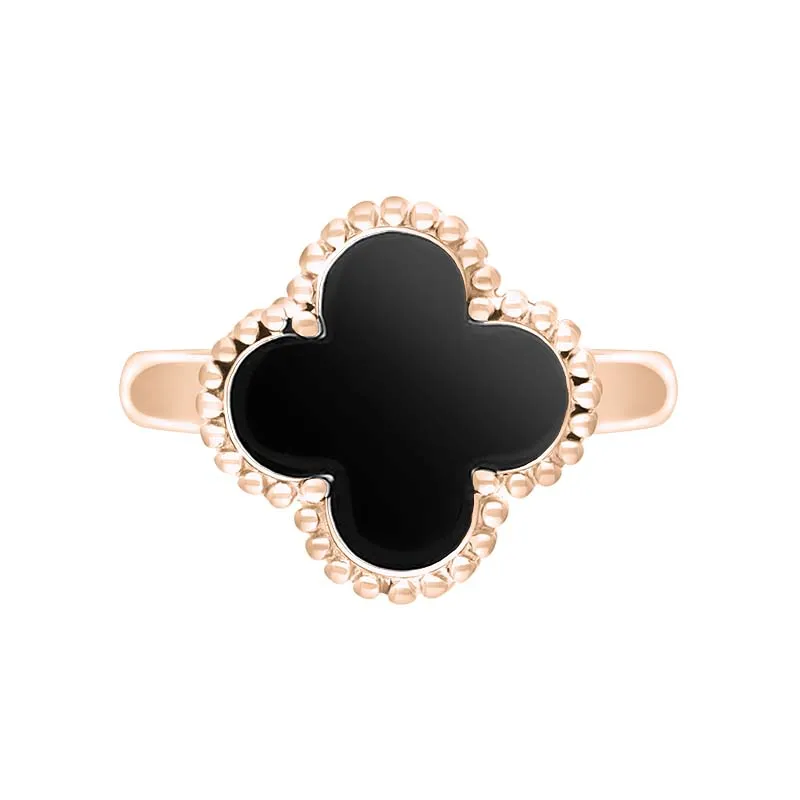 9ct Rose Gold Whitby Jet Bloom Four Leaf Clover Ball Edge Ring