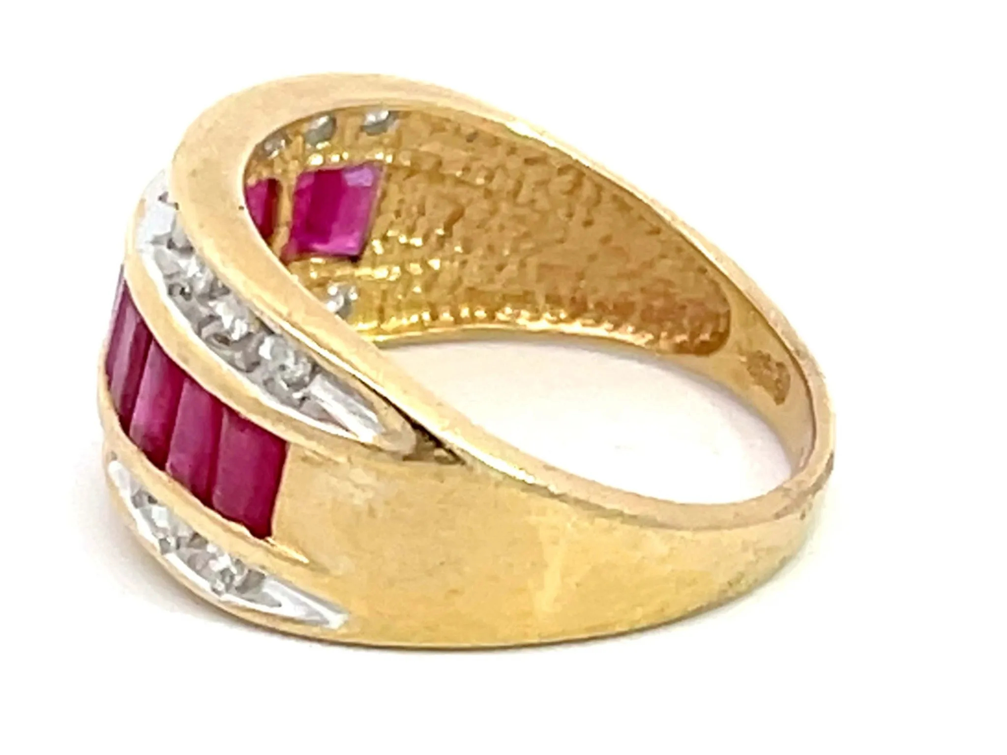Baguette Ruby and Diamond Border Triple Row Wide Band Ring in 14k Yellow Gold