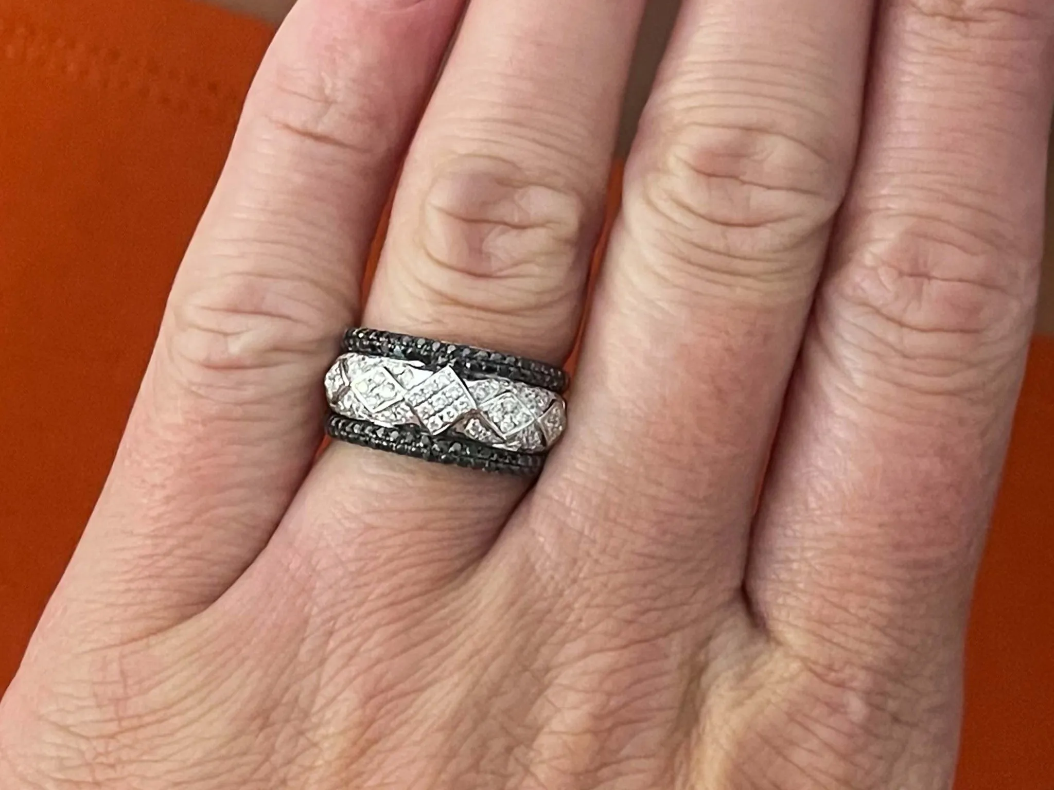 Black and White Diamond Wide Band Ring 18k White Gold
