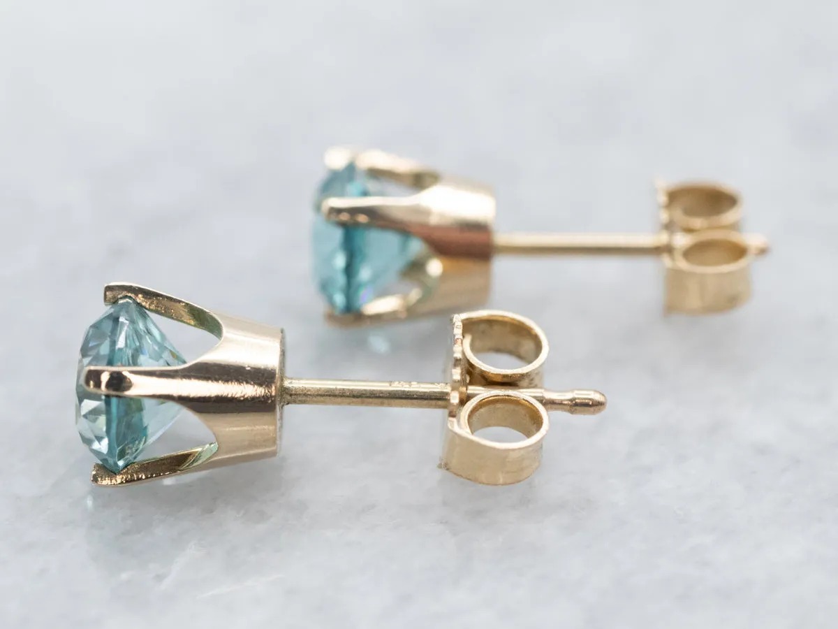 Blue Zircon Yellow Gold Stud Earrings