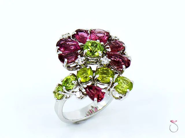 Designer Tourmaline, Peridot & Diamond Floral Cluster Ring By Assor Gioielli