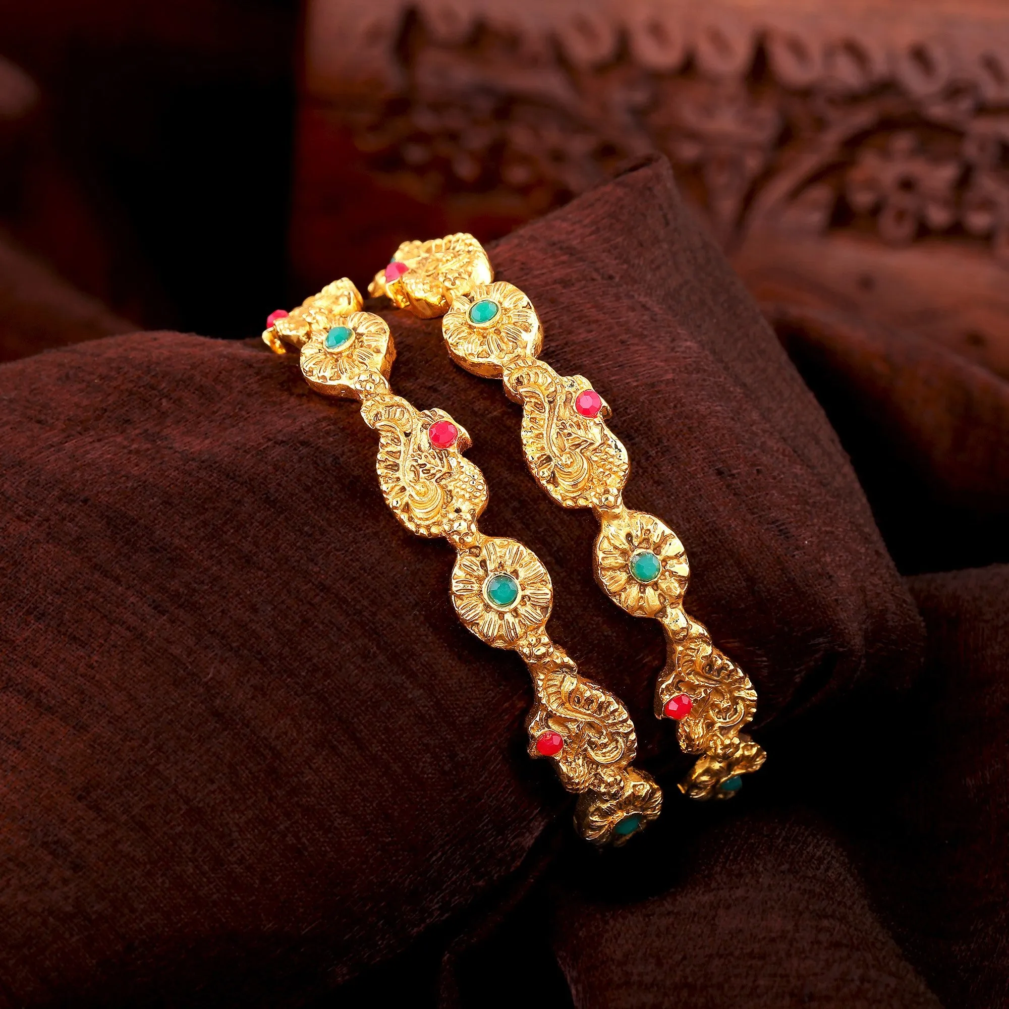 Estele Gold Plated Multi-Color Vibrant Peacock Motif 2:6 Size Bangles for Women | A Timeless Addition to Your Jewelry Collection