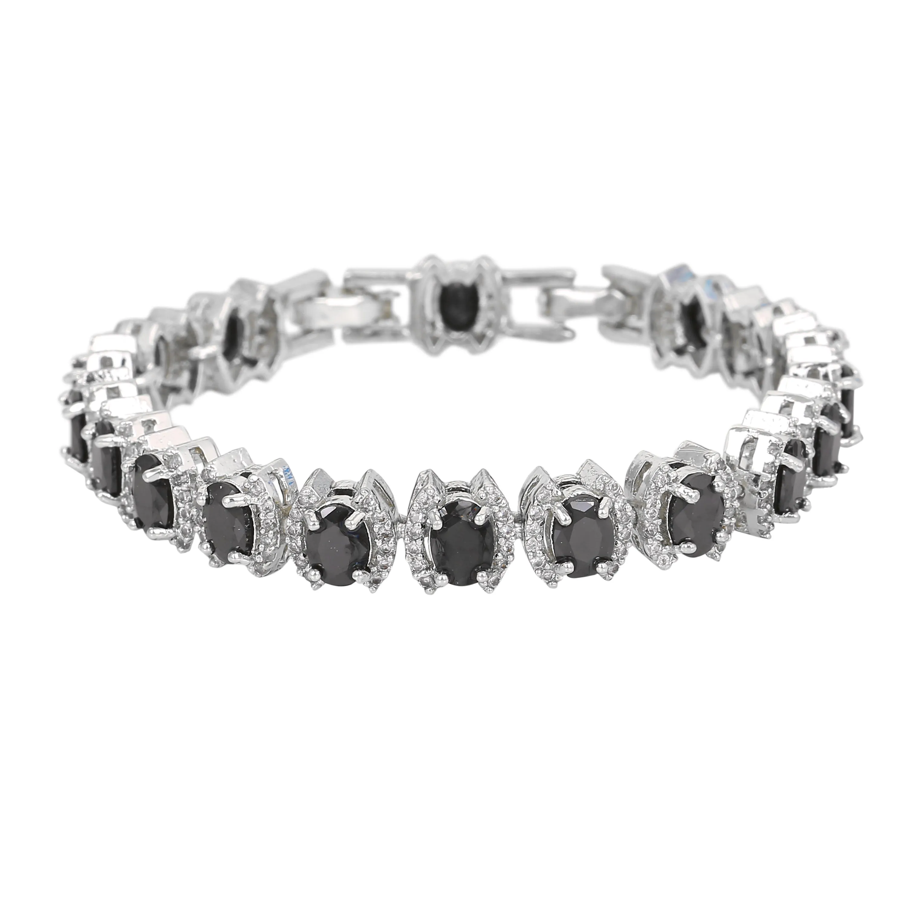 Estele Rhodium Plated CZ Stunning Bracelet with Black Stones for Women