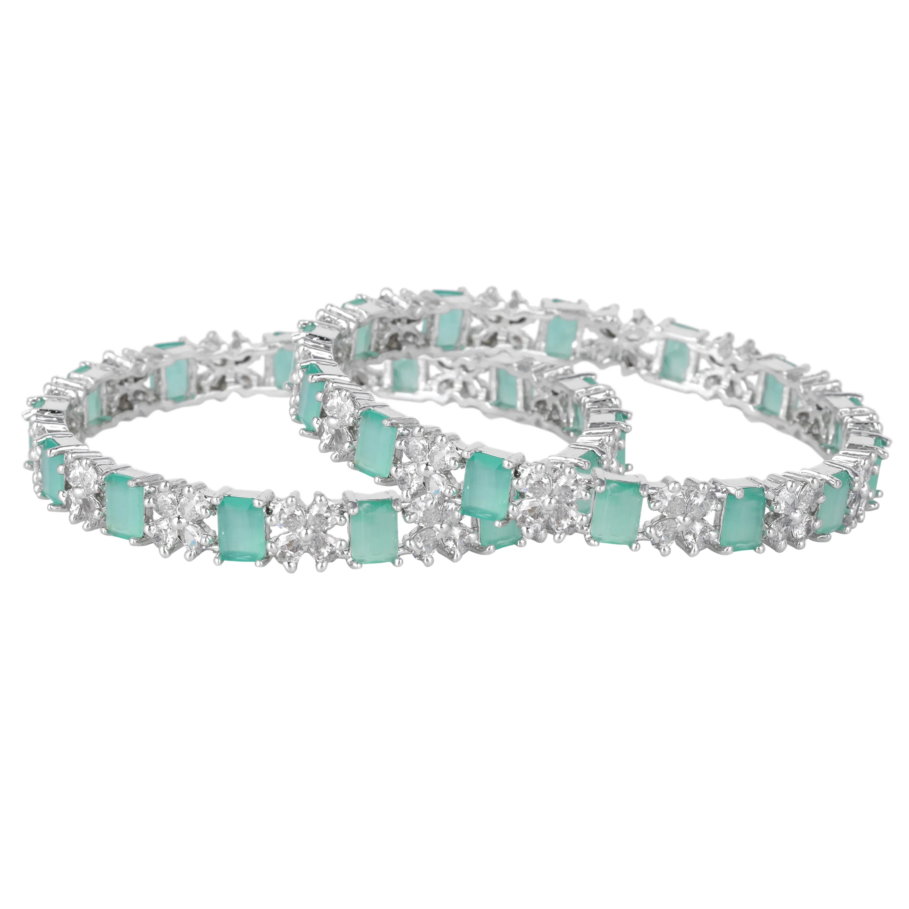 Estele Rhodium Plated Gleaming Mint Green American Diamond Bangles| Available in 2:4, 2:6, & 2:8 Sizes|Dazzling Touch of Elegance for Women