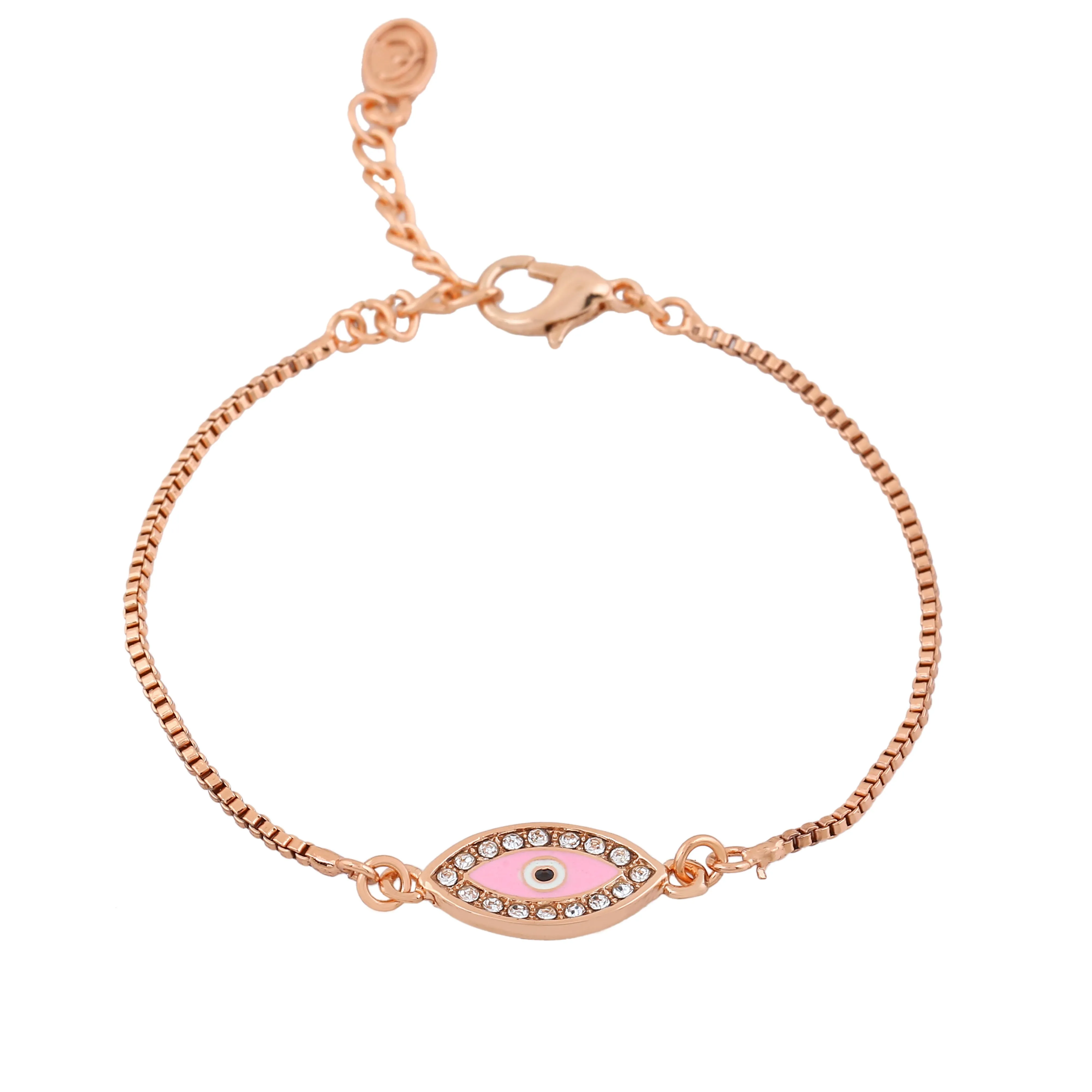 Estele Rose Gold Plated Glossy Pink Evil Eye Charm Bracelet with White Crystals for Girls & Women
