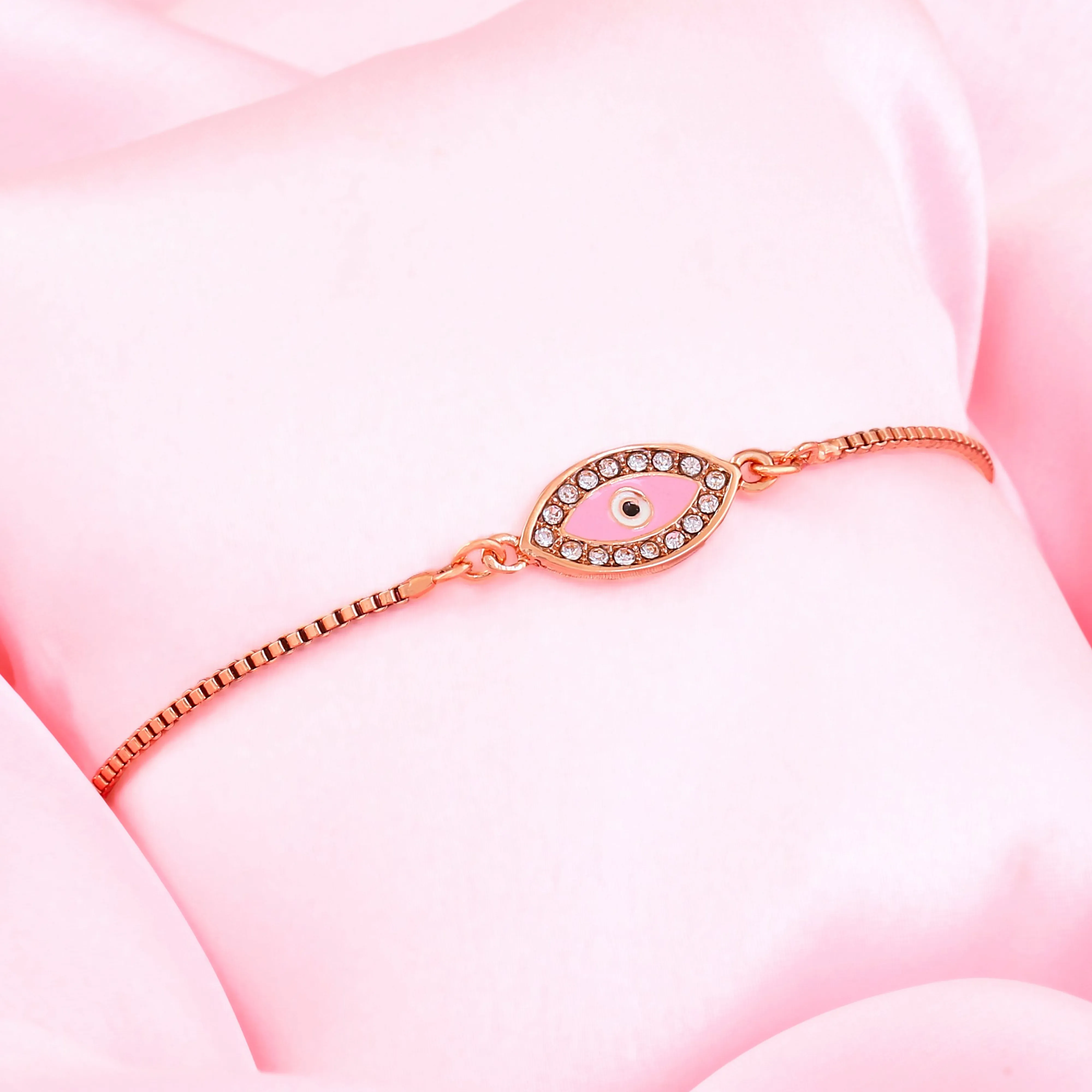 Estele Rose Gold Plated Glossy Pink Evil Eye Charm Bracelet with White Crystals for Girls & Women