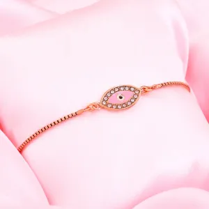Estele Rose Gold Plated Glossy Pink Evil Eye Charm Bracelet with White Crystals for Girls & Women
