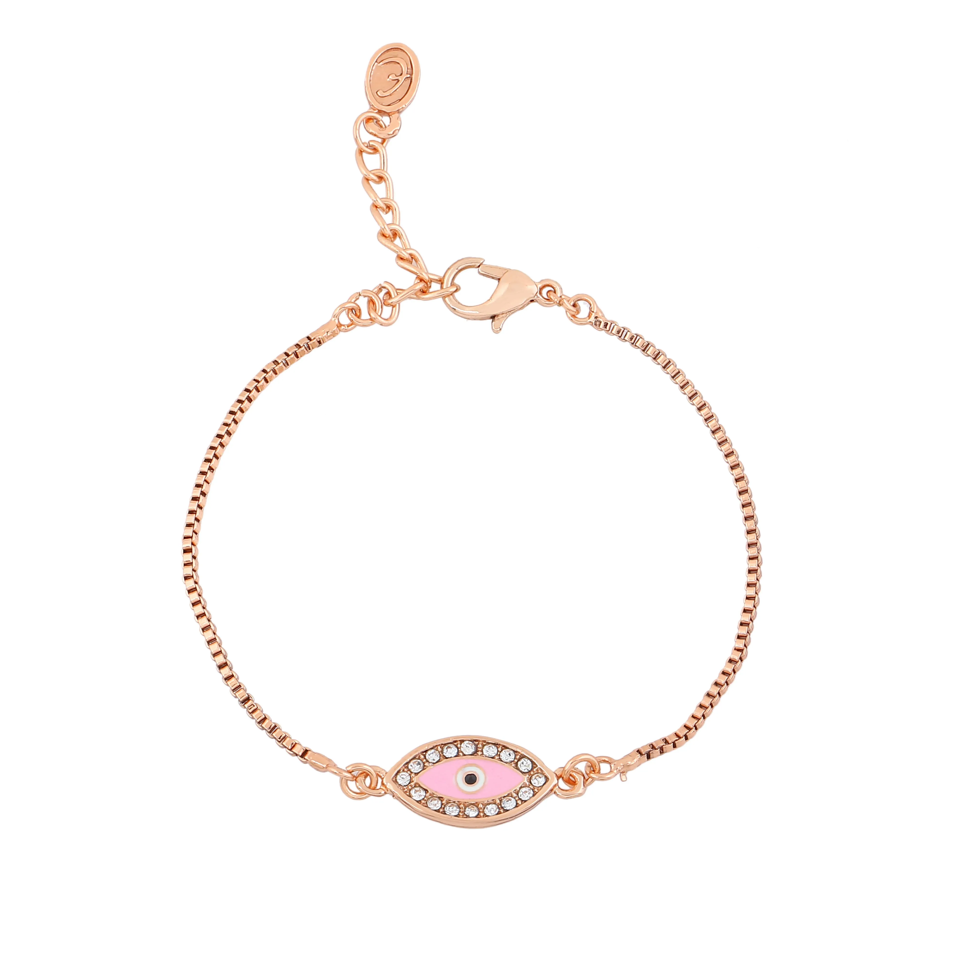 Estele Rose Gold Plated Glossy Pink Evil Eye Charm Bracelet with White Crystals for Girls & Women