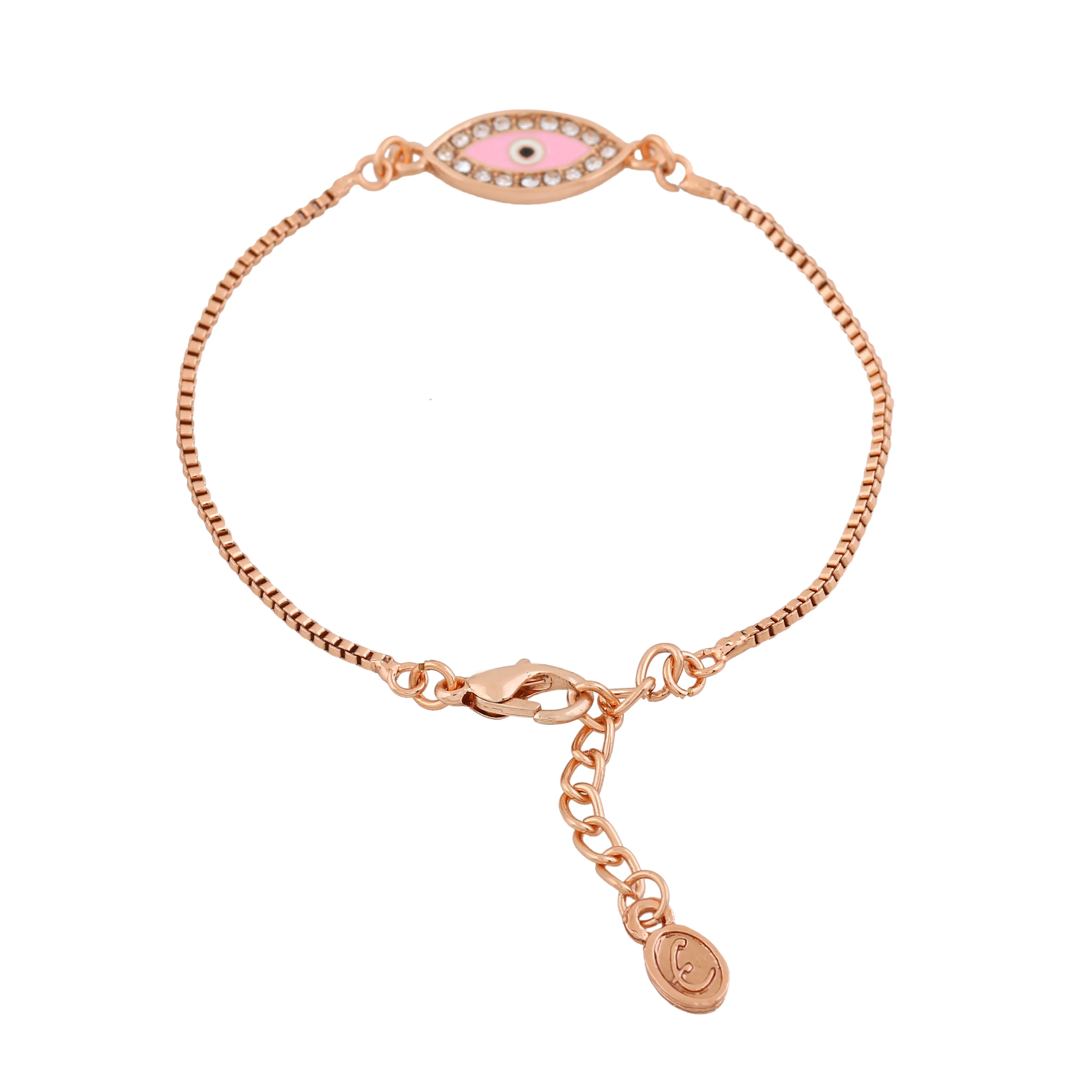 Estele Rose Gold Plated Glossy Pink Evil Eye Charm Bracelet with White Crystals for Girls & Women