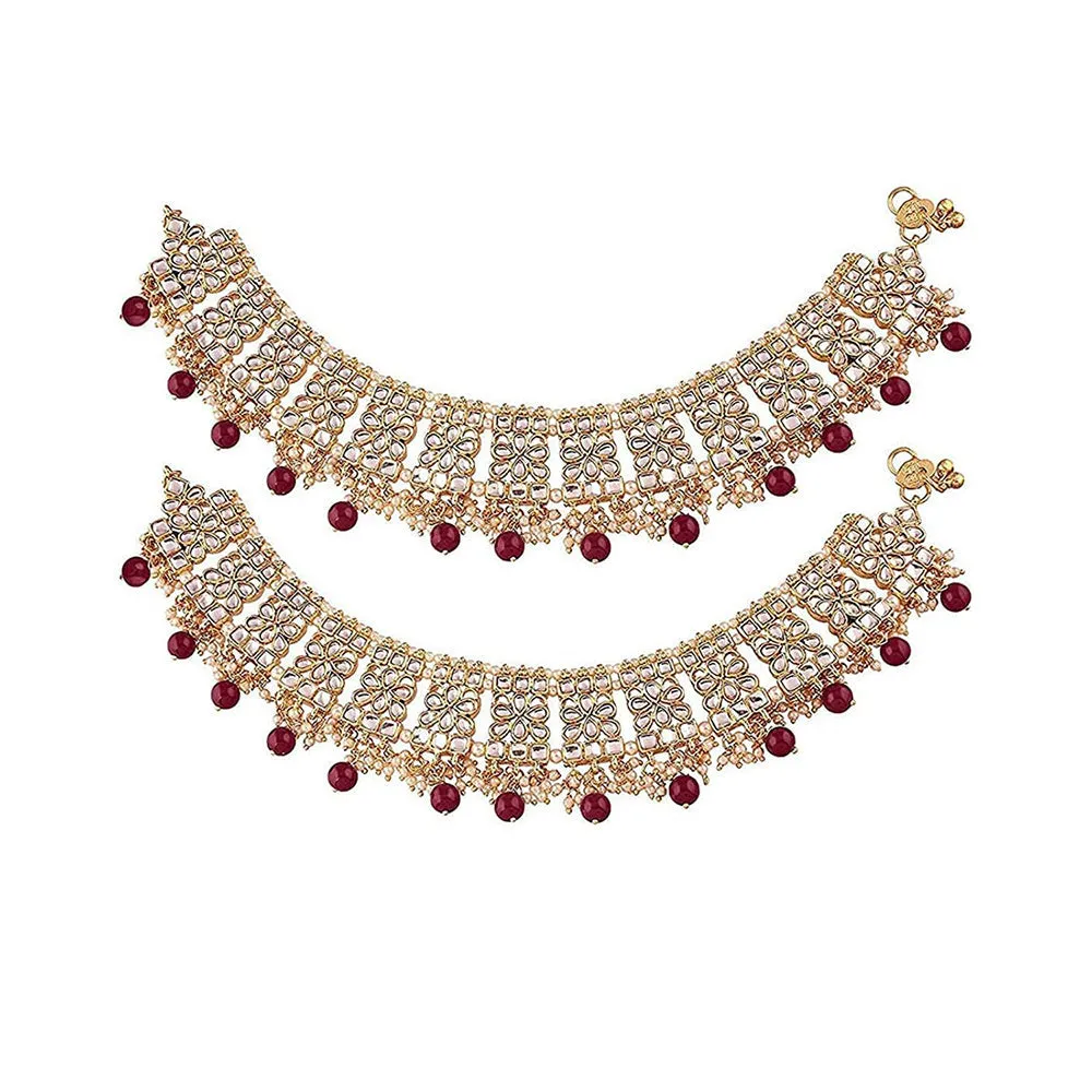 Etnico Gold Plated Kundan & pearl Studded Adjustable Bridal Anklets/Payal For Women/Girls (A022M)