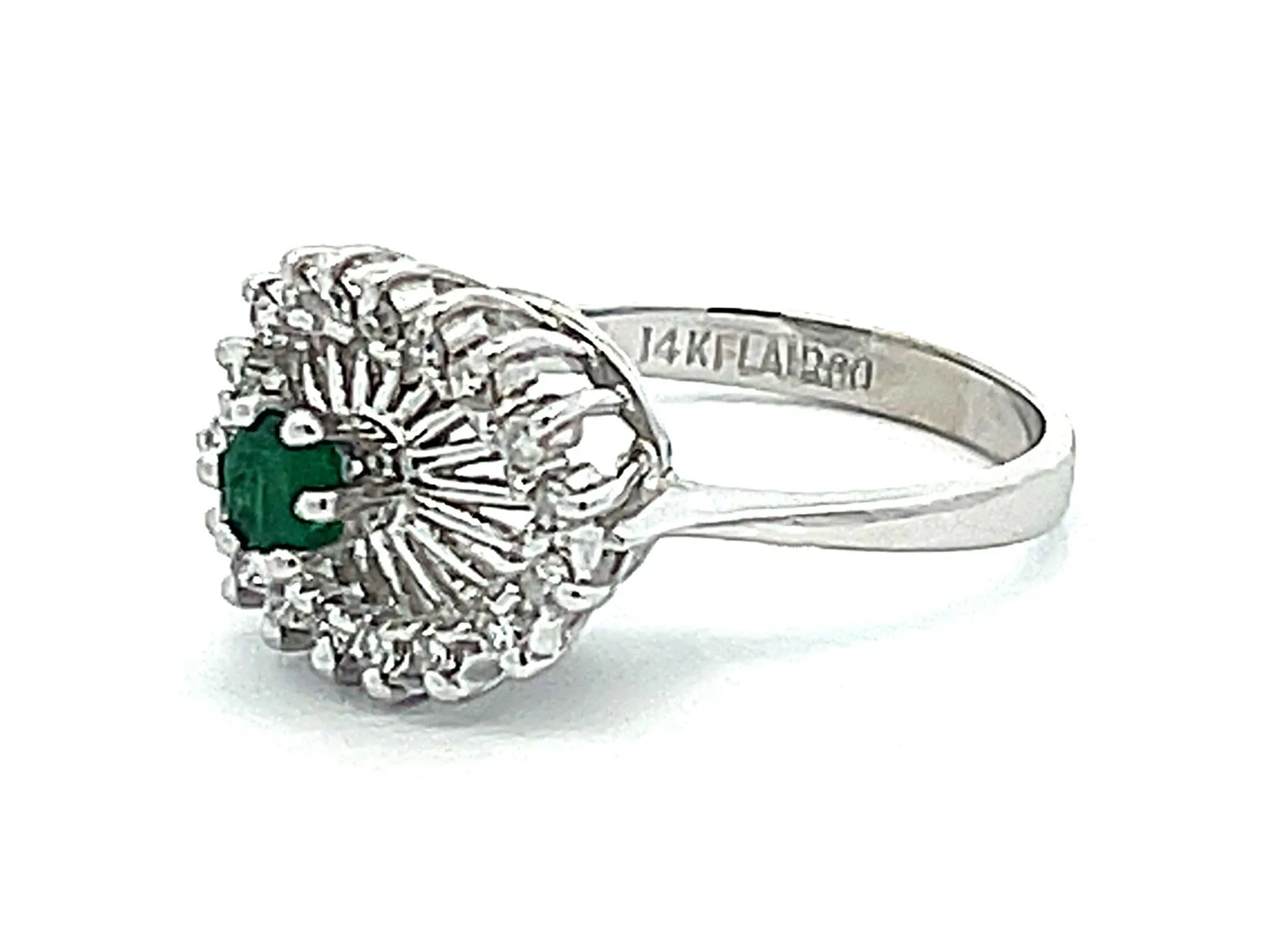 Green Emerald and Diamond Halo Ring in 14k White Gold
