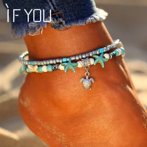 IF YOU Fashion Sea Turtles Imitation Pearls Starfish Charms Bracelets Anklets For Women Bohemian Summer Foot Chain Jewelry Gifts