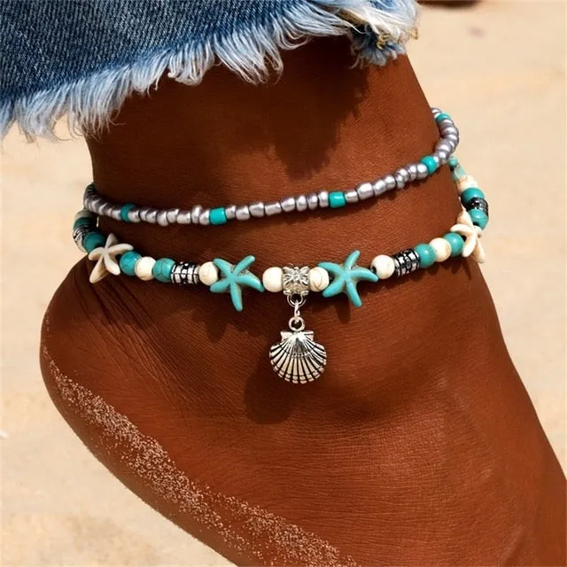KISSWIFE Vintage Shell Beads Anklets For Women New Multi Layer Anklet Leg Bracelet Bohemian Beach Ankle Chain Jewelry Gift