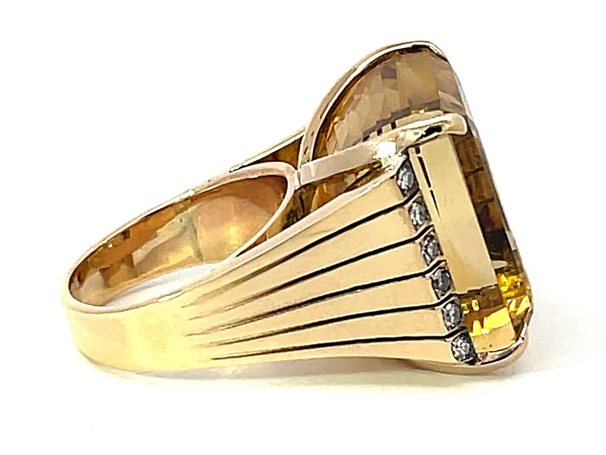 Large 43 Carat Yellow Topaz Emerald Step Cut and Diamond Ring in 14k Yellow Gold