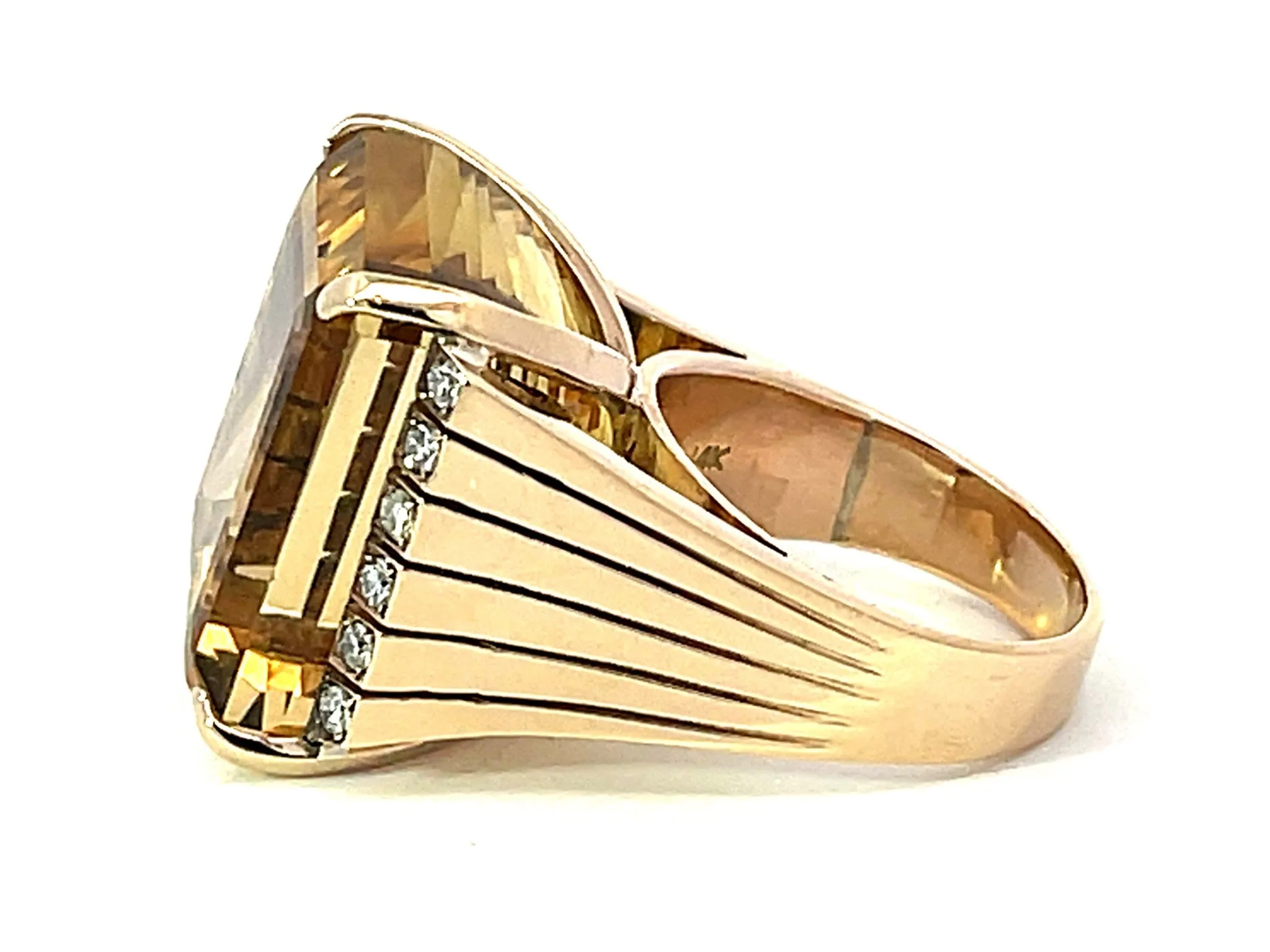 Large 43 Carat Yellow Topaz Emerald Step Cut and Diamond Ring in 14k Yellow Gold