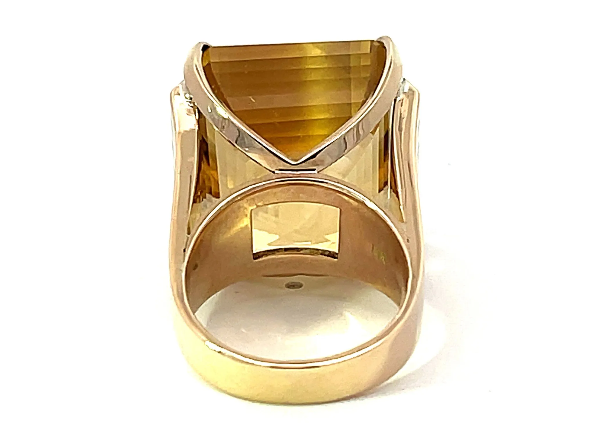 Large 43 Carat Yellow Topaz Emerald Step Cut and Diamond Ring in 14k Yellow Gold