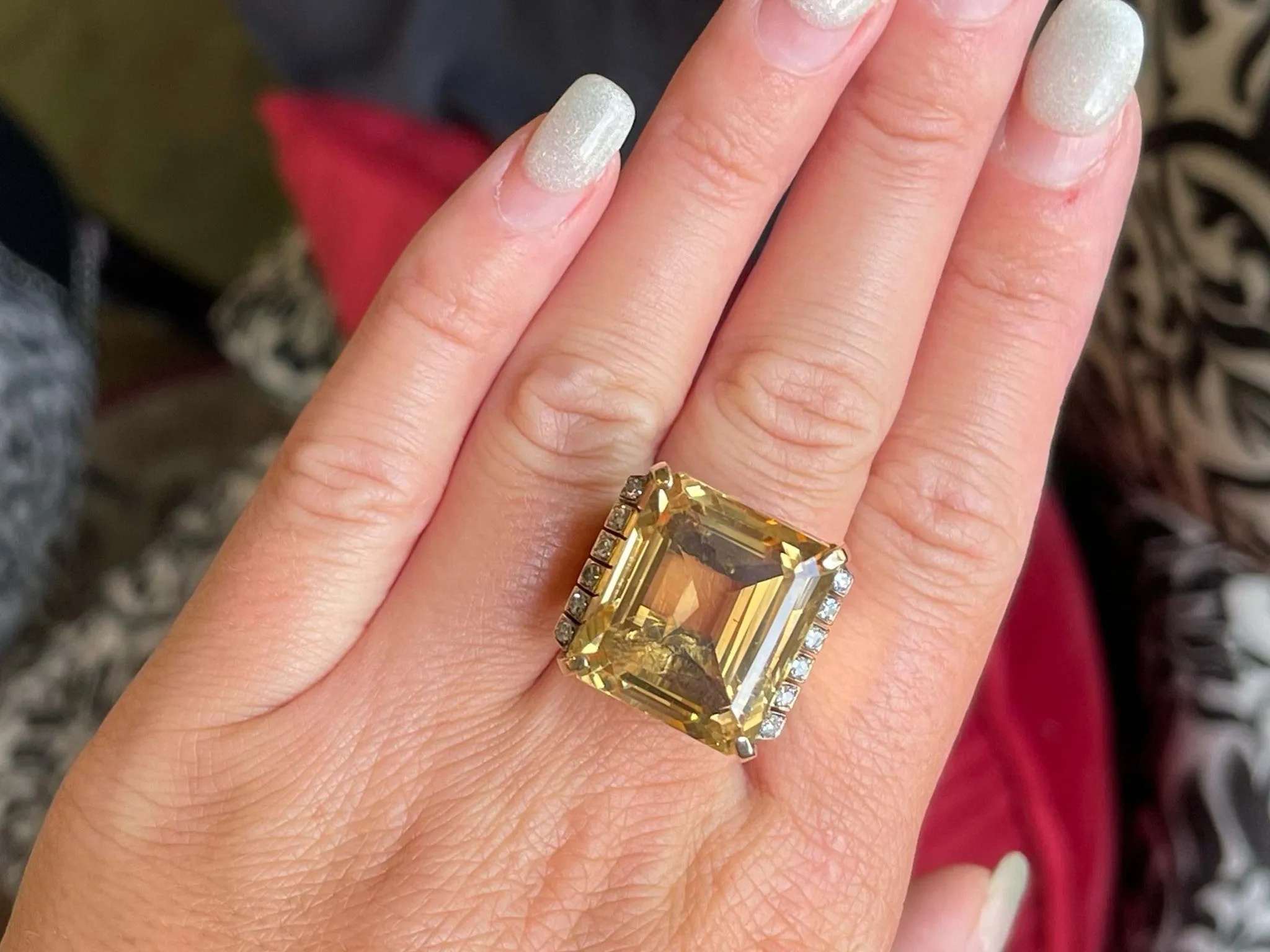 Large 43 Carat Yellow Topaz Emerald Step Cut and Diamond Ring in 14k Yellow Gold