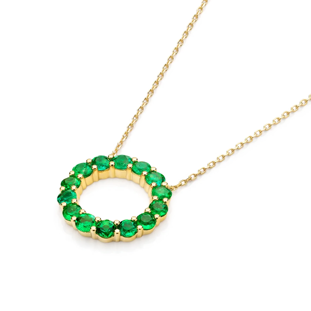 Large Colombian Emerald Circle Pendant Yellow Gold