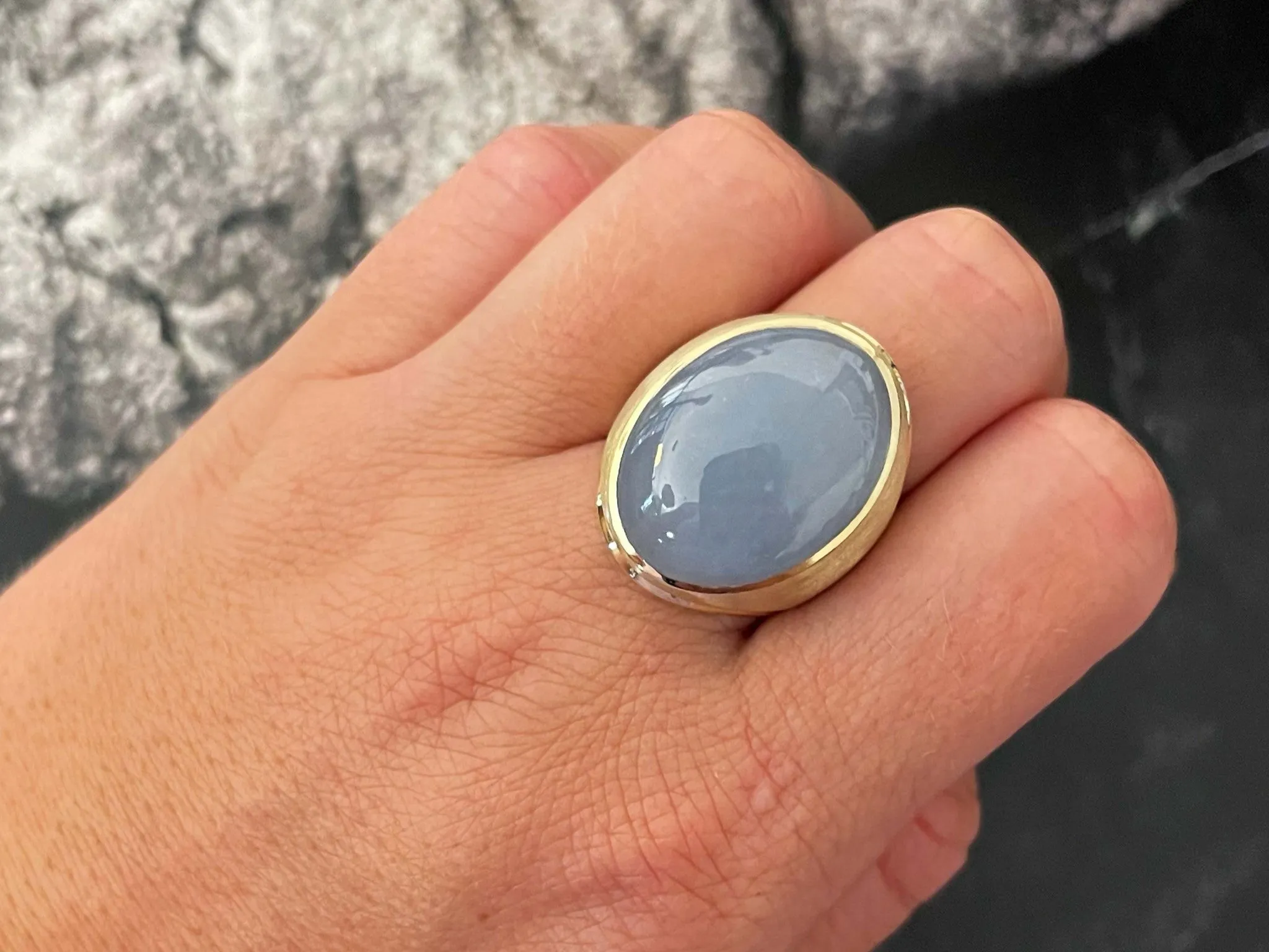 Lavender Oval Cabochon Jade Ring with Satin Finish in 14k Yellow Gold