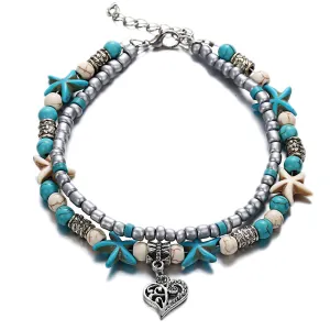 LE SKY Fashion Beach Jewelry Double Layer Love Heart Starfish Pendant Beads Anklet Foot Chain Ankle Bracelet Jewelry For Women