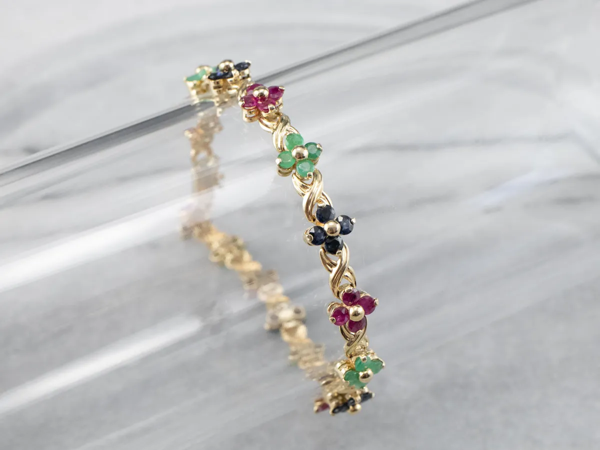 Lovely Floral Rainbow Multi-Gemstone Tennis Bracelet