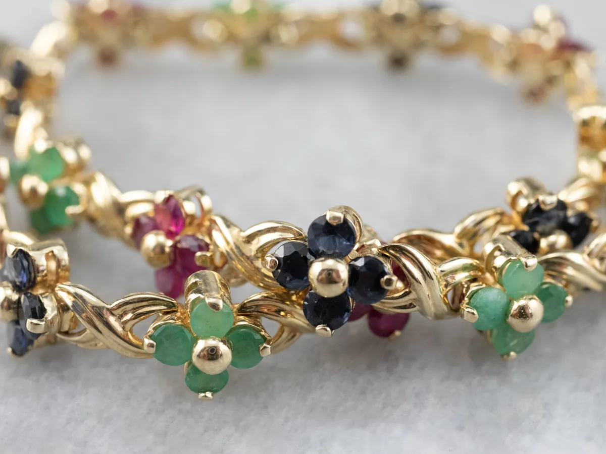 Lovely Floral Rainbow Multi-Gemstone Tennis Bracelet