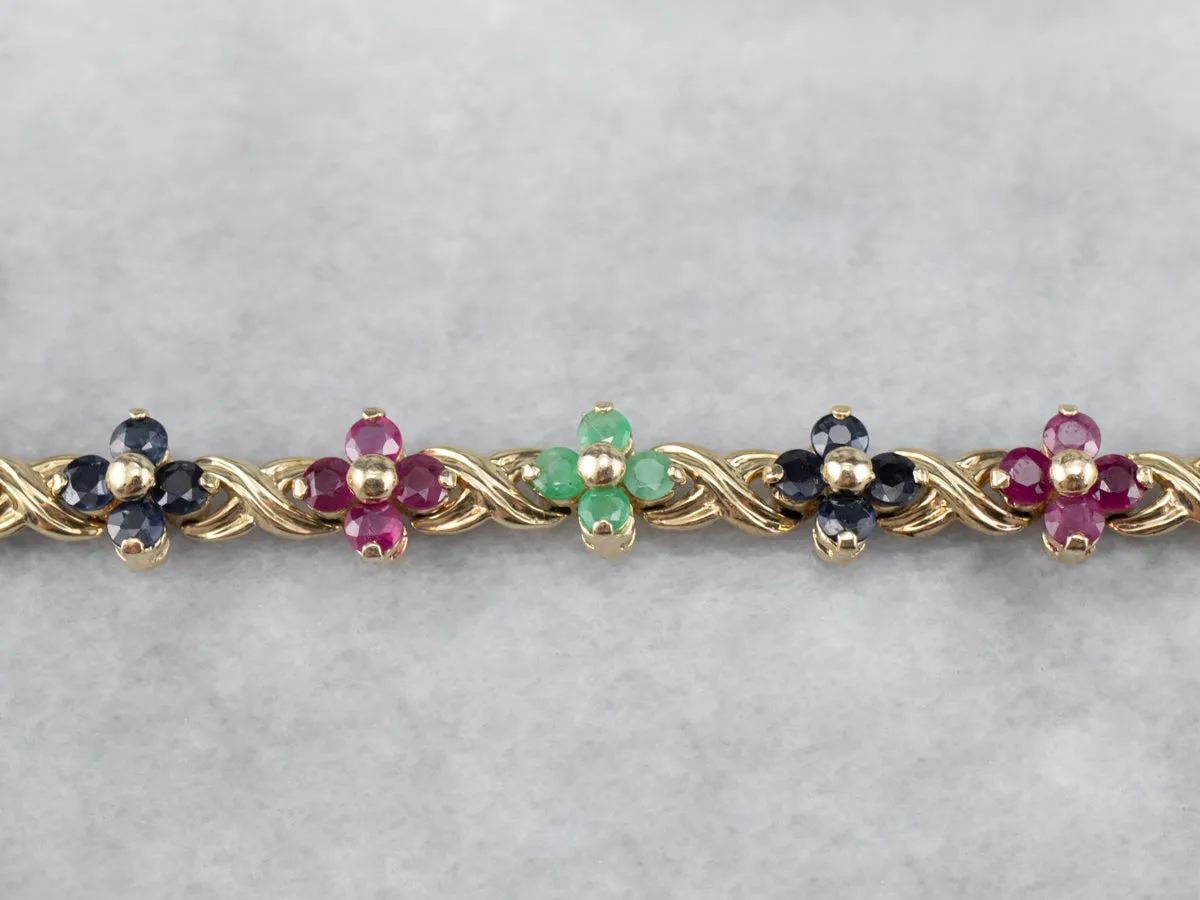 Lovely Floral Rainbow Multi-Gemstone Tennis Bracelet