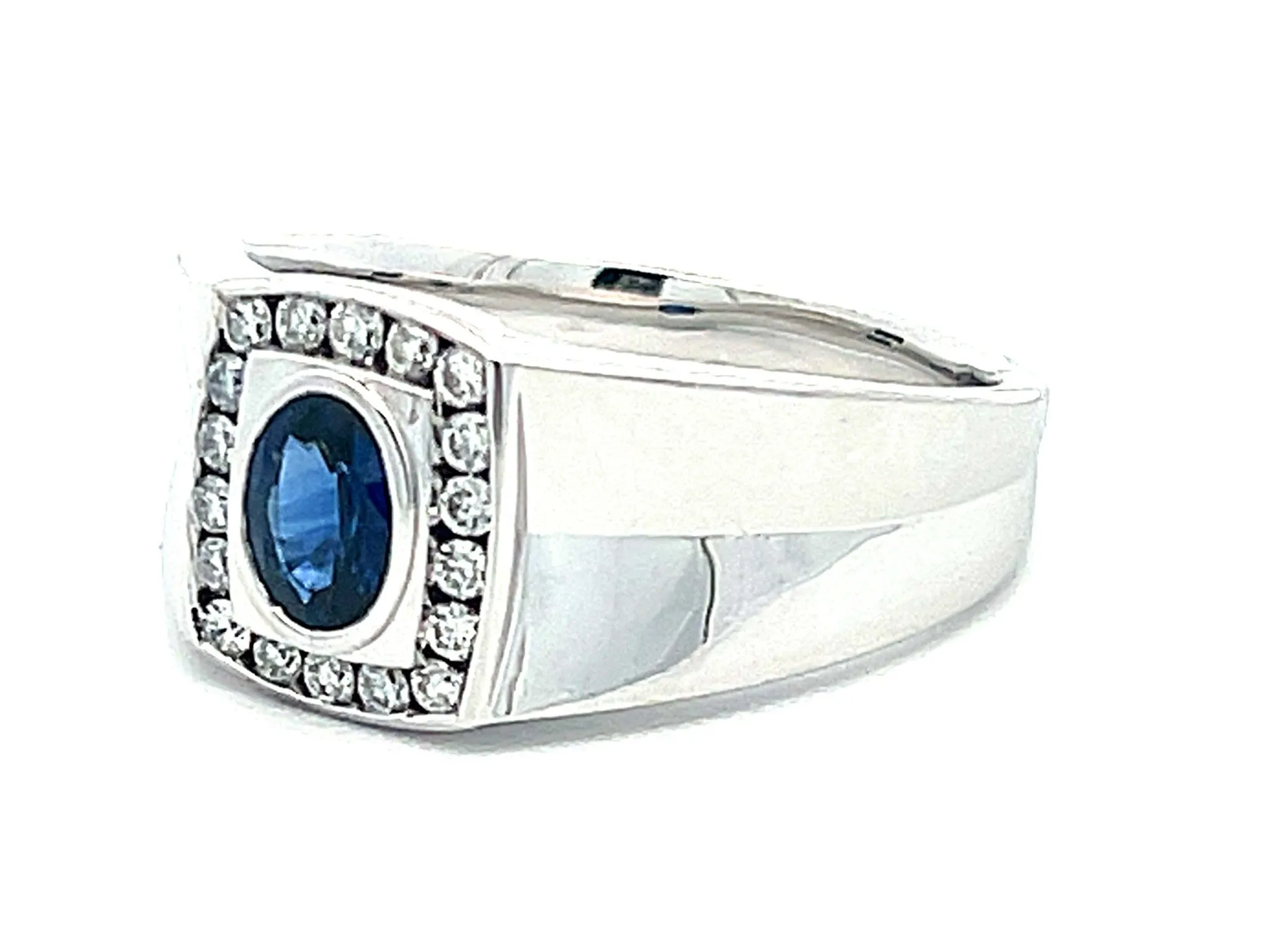 Mens Oval Sapphire Center and Diamond Halo Ring in 14k White Gold