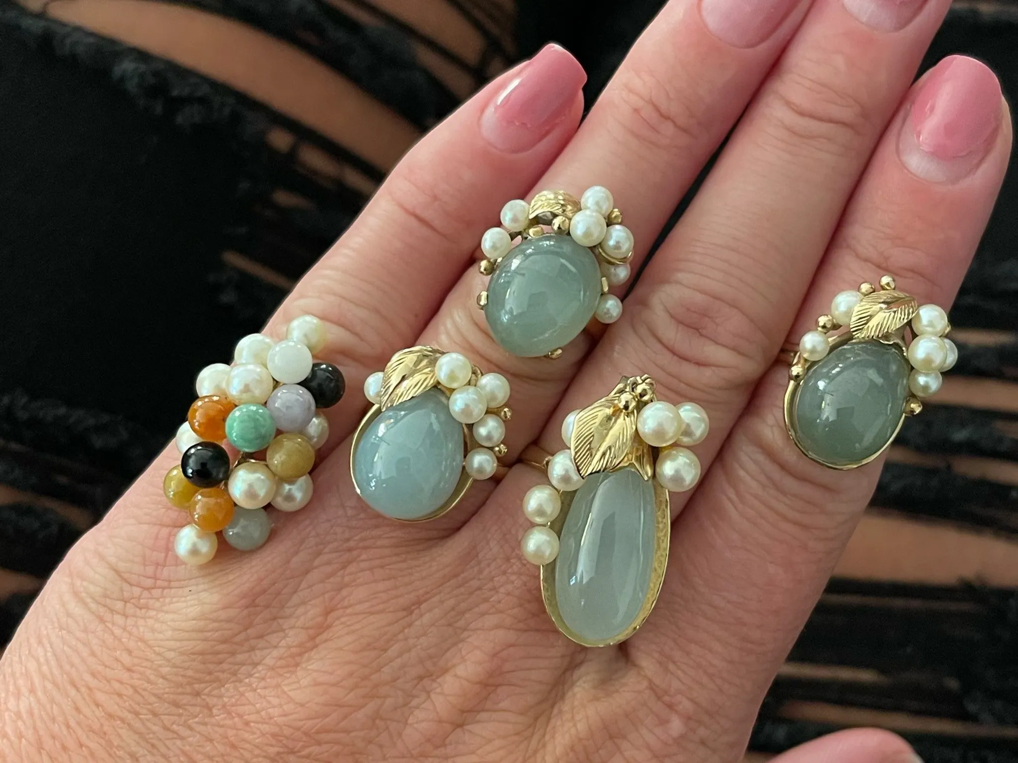 Mings Eggplant Shaped Jade and Pearl Leaf Ring in 14k Yellow Gold