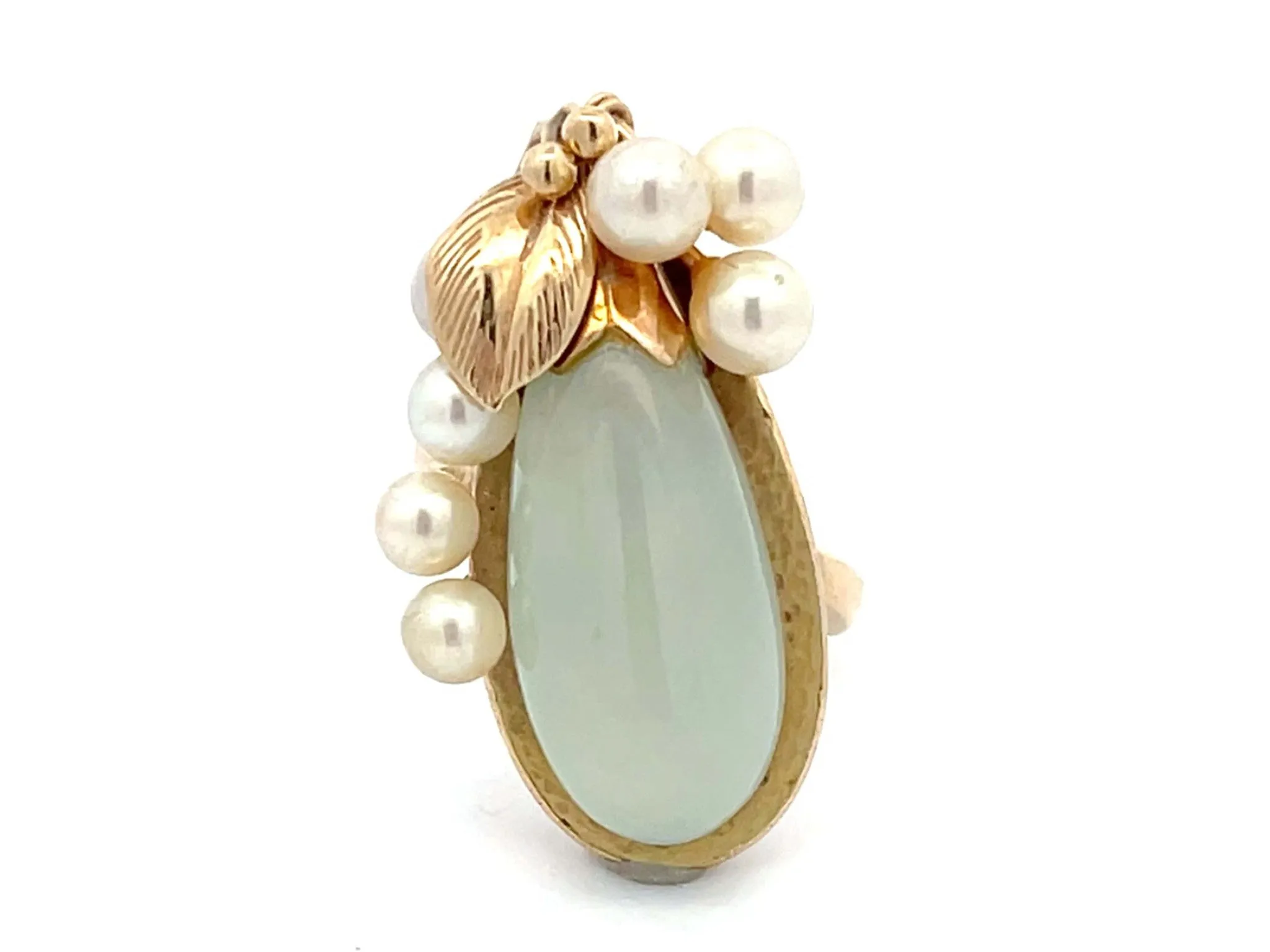 Mings Eggplant Shaped Jade and Pearl Leaf Ring in 14k Yellow Gold