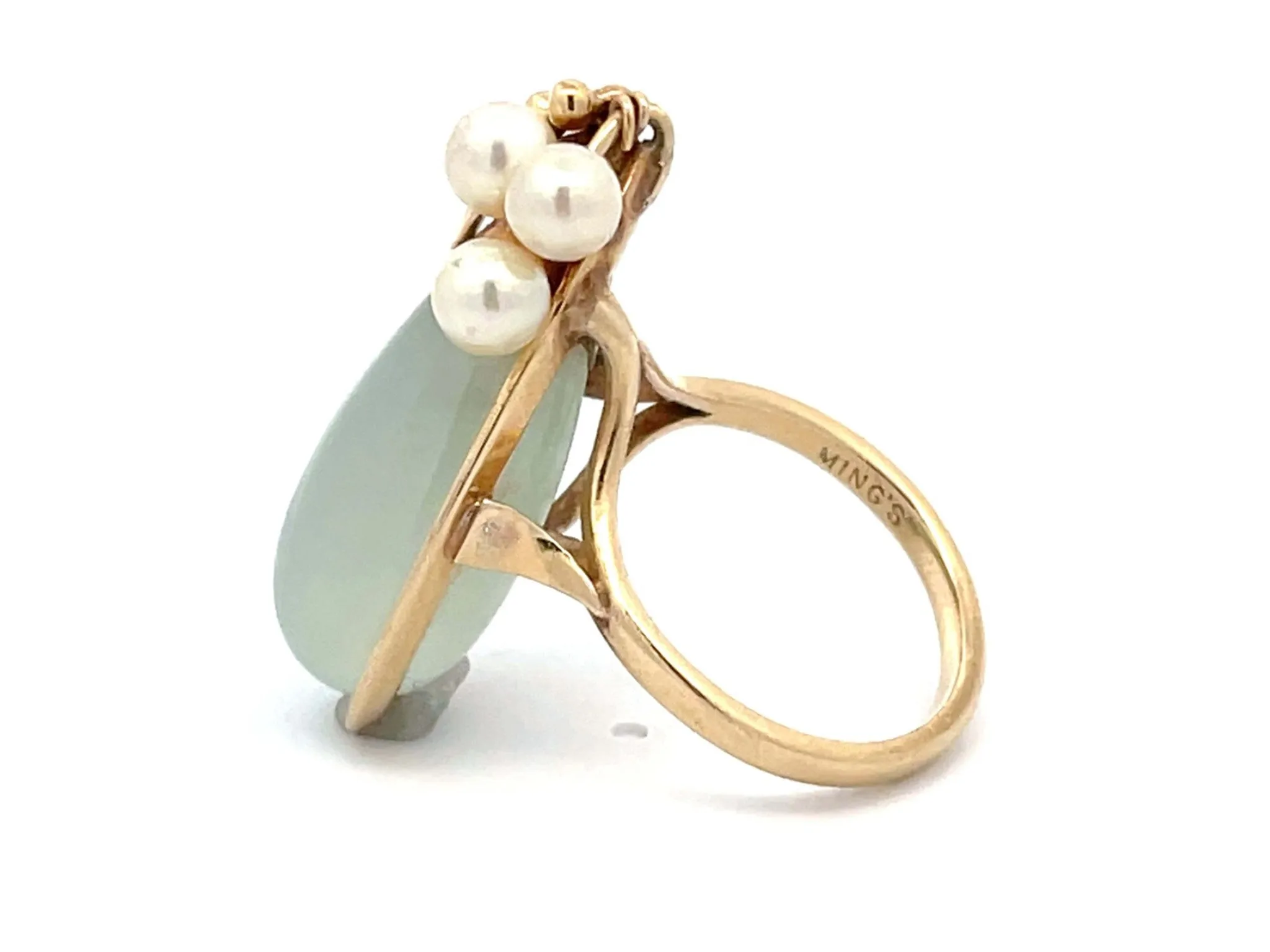 Mings Eggplant Shaped Jade and Pearl Leaf Ring in 14k Yellow Gold