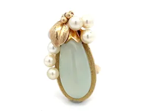 Mings Eggplant Shaped Jade and Pearl Leaf Ring in 14k Yellow Gold