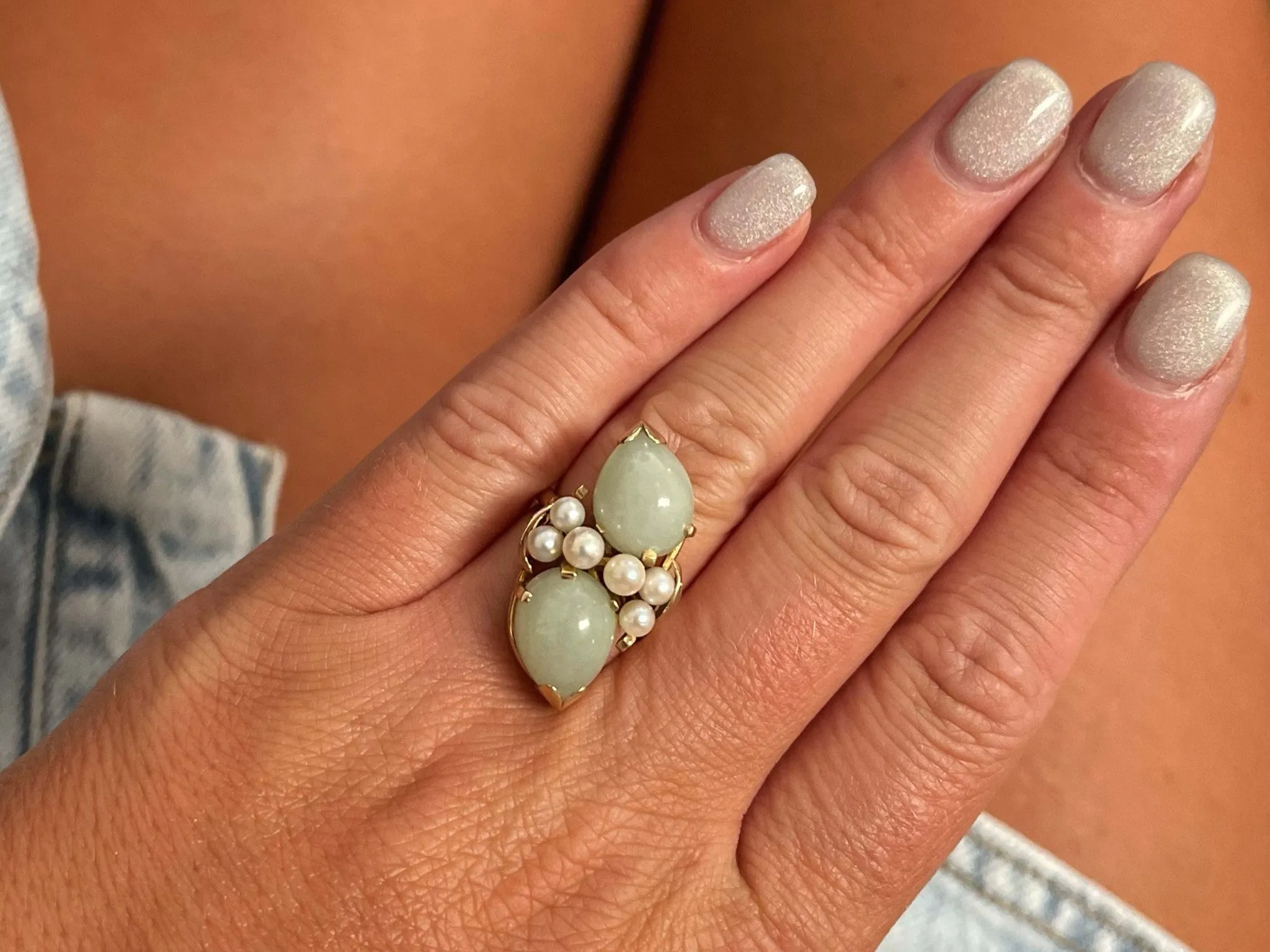 Mings Hawaii Double Jade and Pearl Ring in 14k Yellow Gold