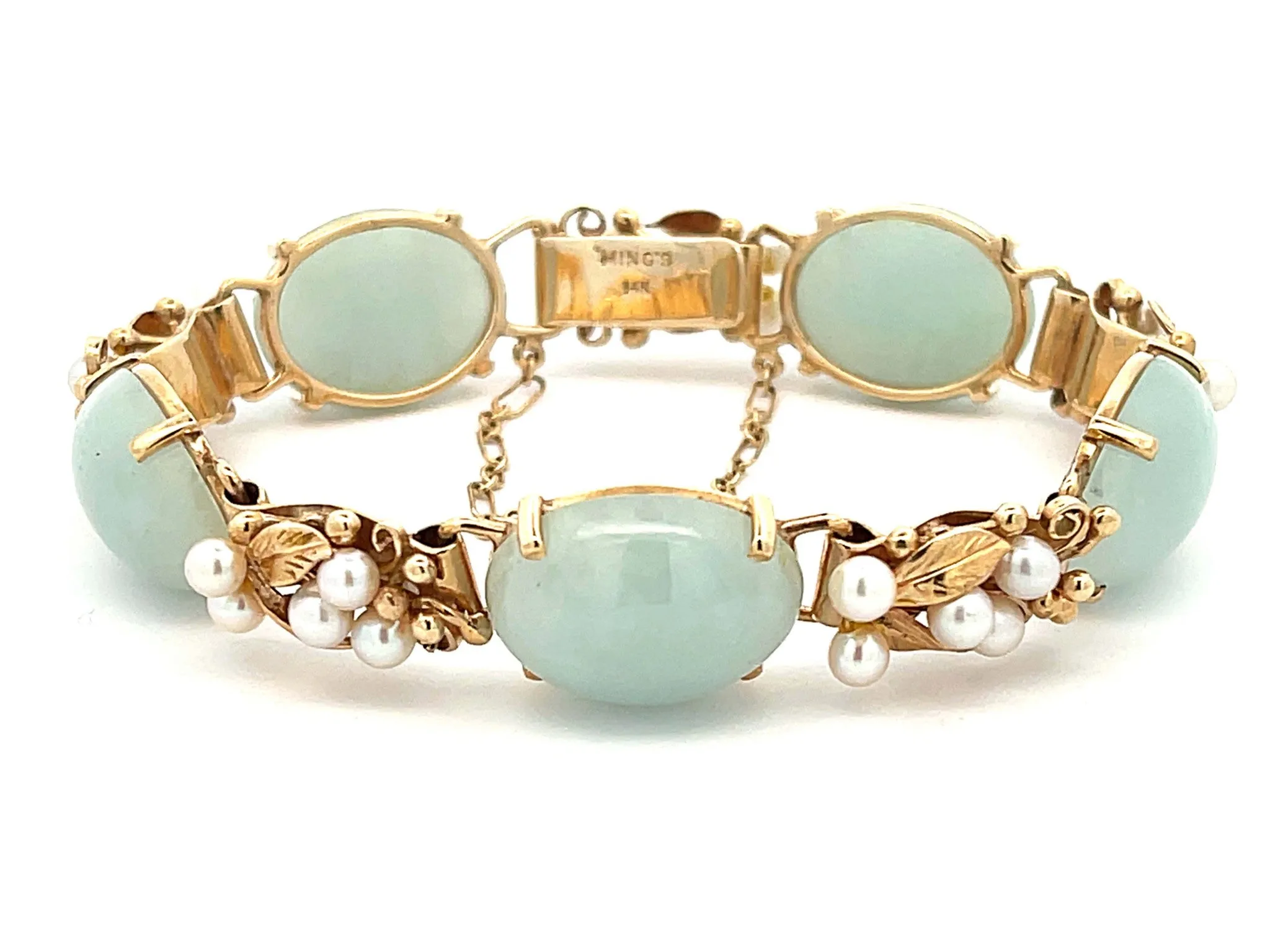 Mings Hawaii Oval Jade and Pearl Leaf Bracelet in 14K Yellow Gold