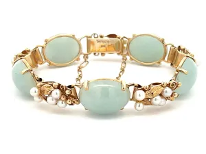 Mings Hawaii Oval Jade and Pearl Leaf Bracelet in 14K Yellow Gold
