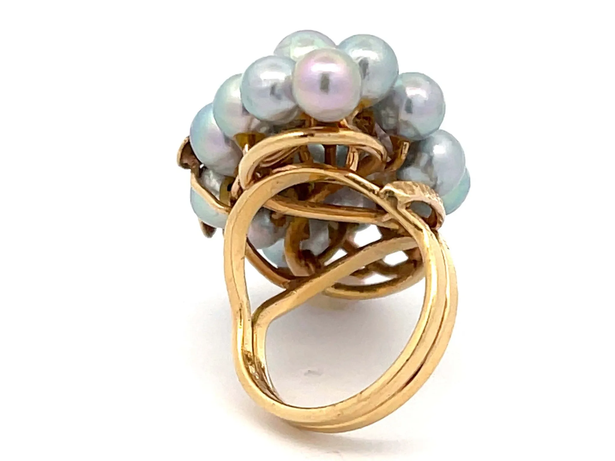 Mings Large Silver Pearl and Leaf Ring in 14k Yellow Gold
