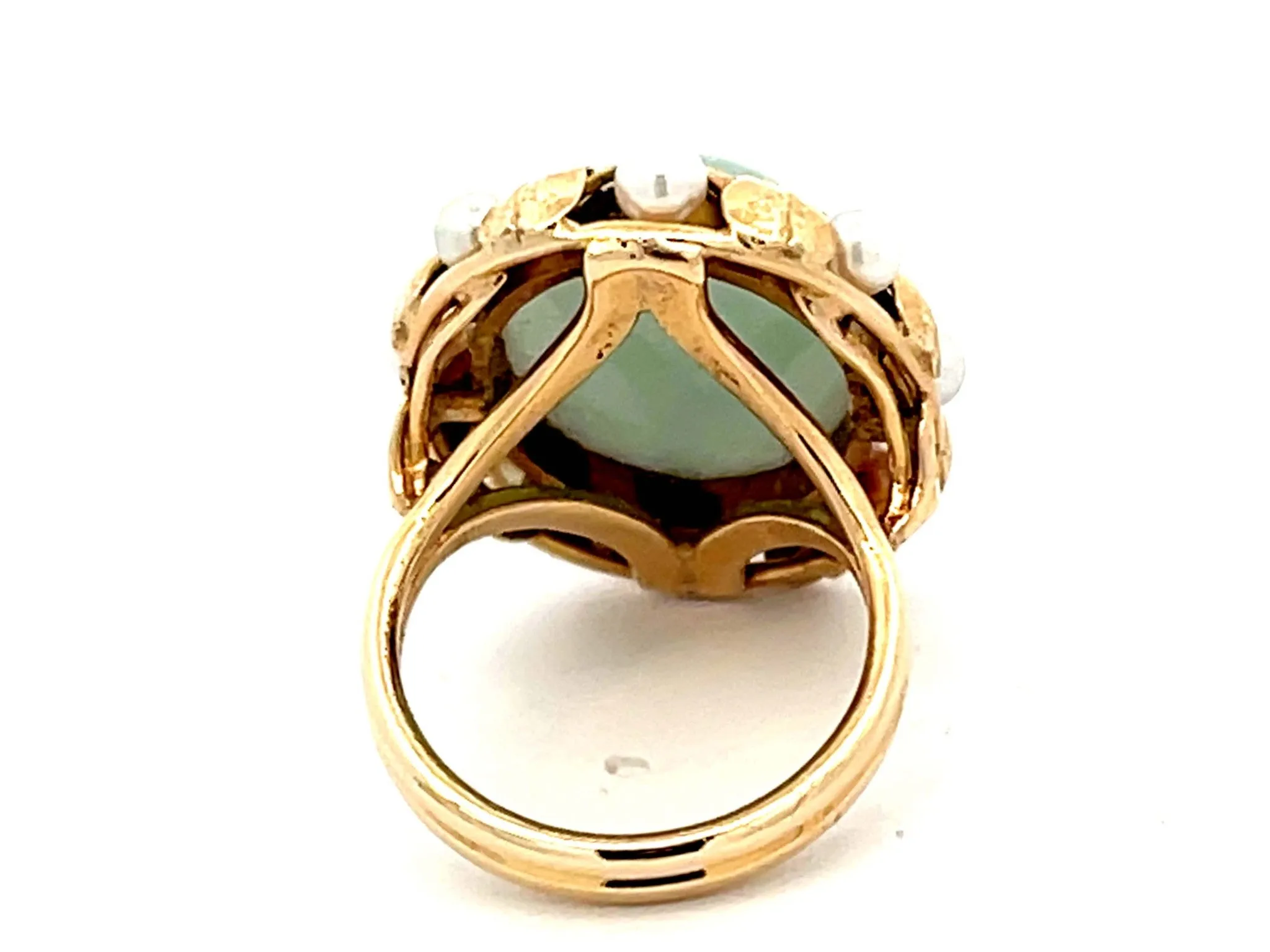 Mings Oval Jade and Pearl Halo Leaf Ring in 14k Yellow Gold