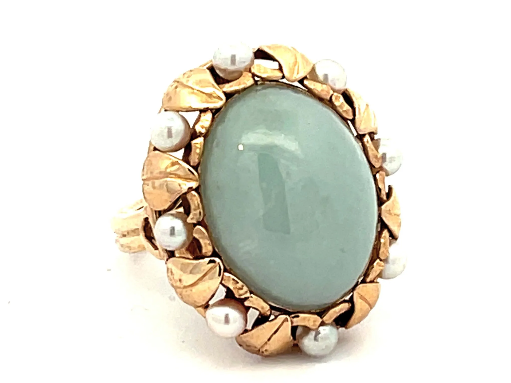 Mings Oval Jade and Pearl Halo Leaf Ring in 14k Yellow Gold