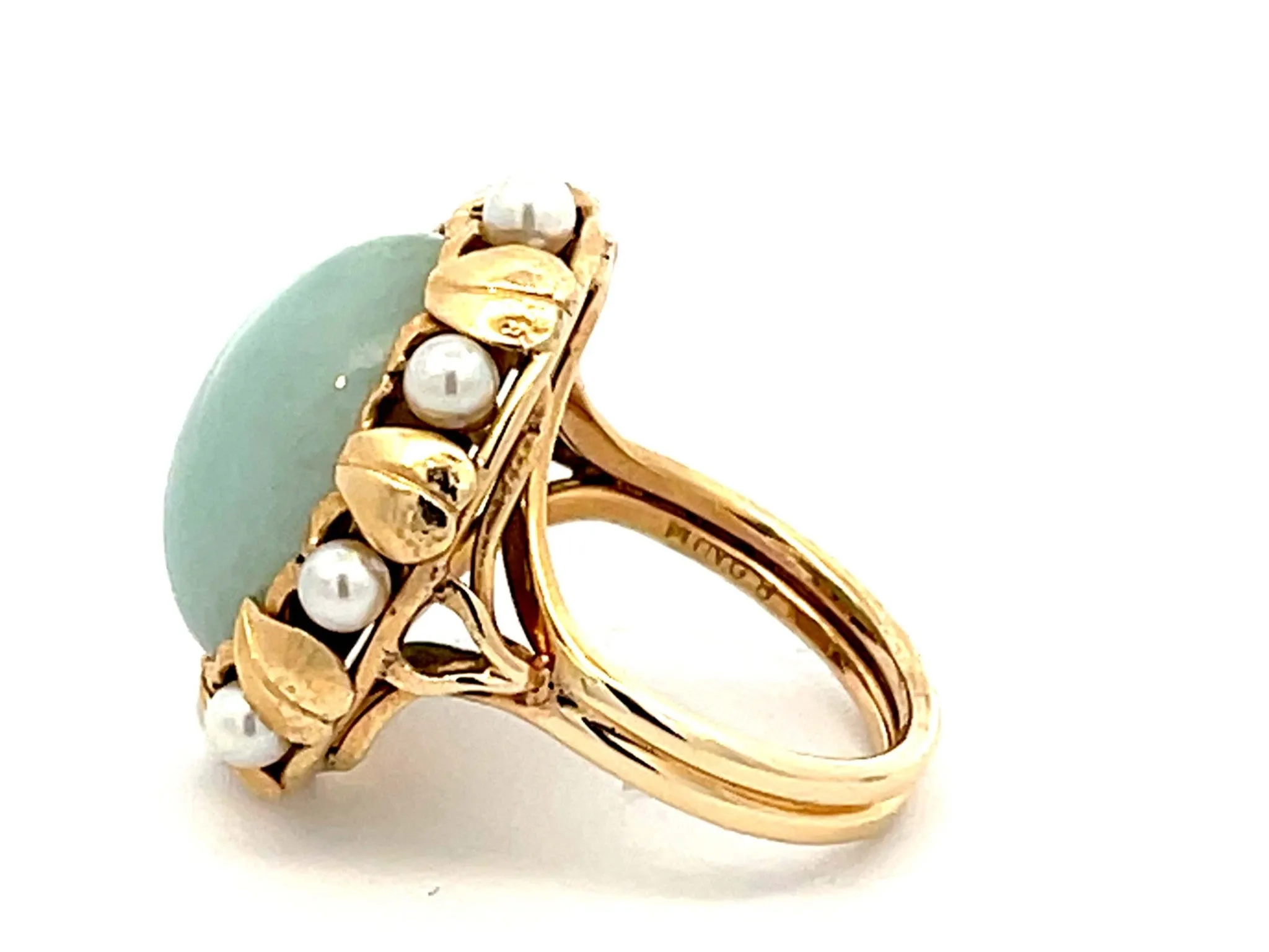 Mings Oval Jade and Pearl Halo Leaf Ring in 14k Yellow Gold