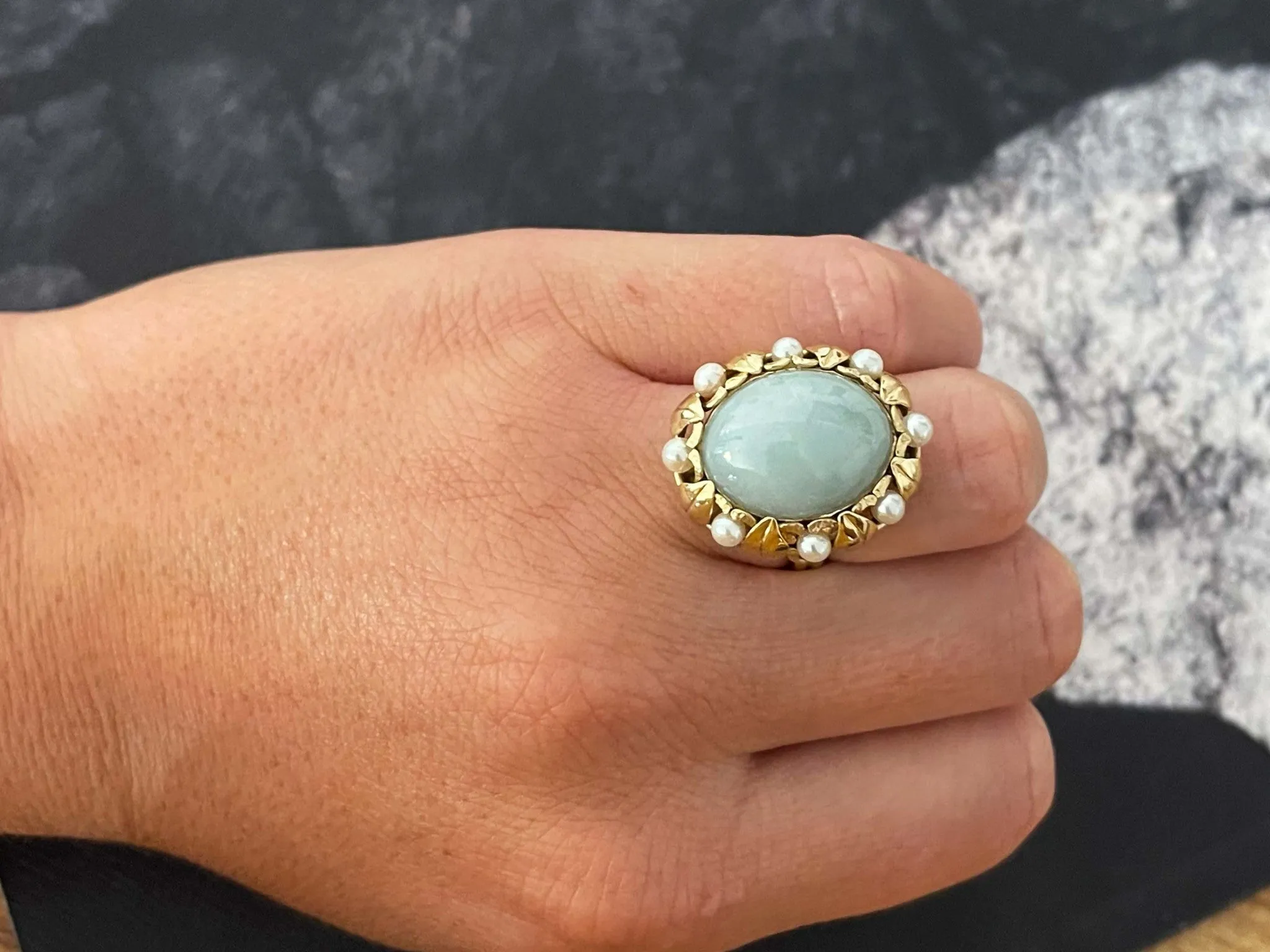 Mings Oval Jade and Pearl Halo Leaf Ring in 14k Yellow Gold