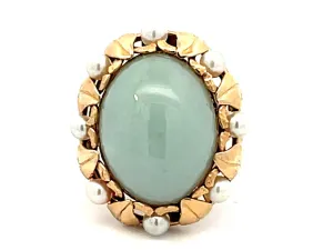 Mings Oval Jade and Pearl Halo Leaf Ring in 14k Yellow Gold