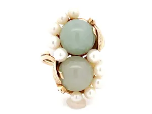 Mings Pale Green Jade Pearl and Leaf Ring in 14k Yellow Gold