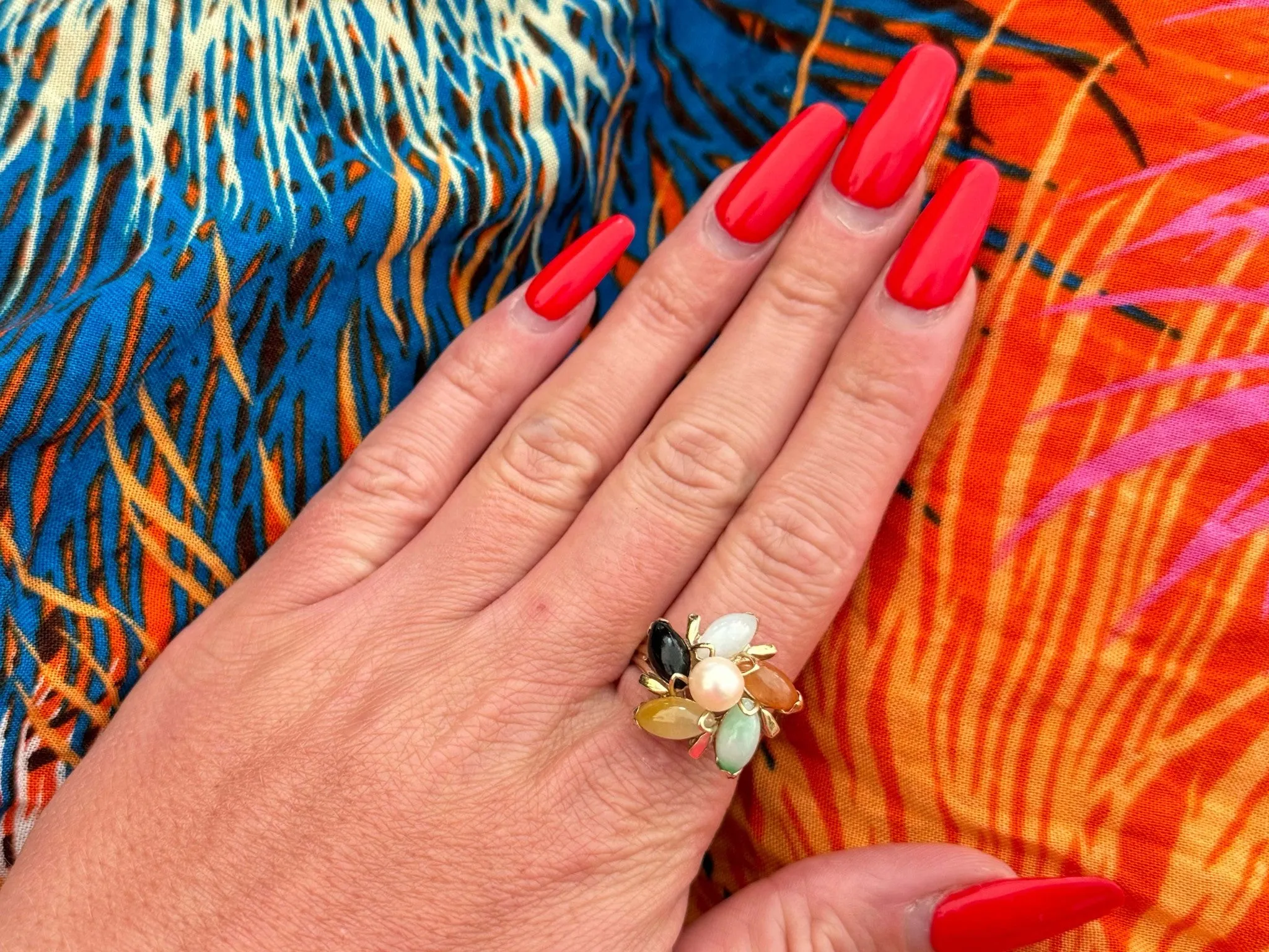 Multi Colored Jade Flower and Pearl Center Ring 14K Yellow Gold