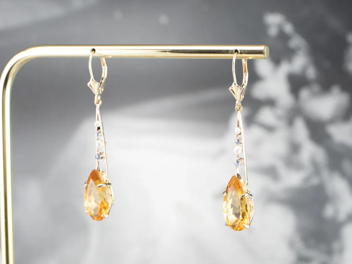 Pear Cut Citrine Gold Bar Drop Earrings