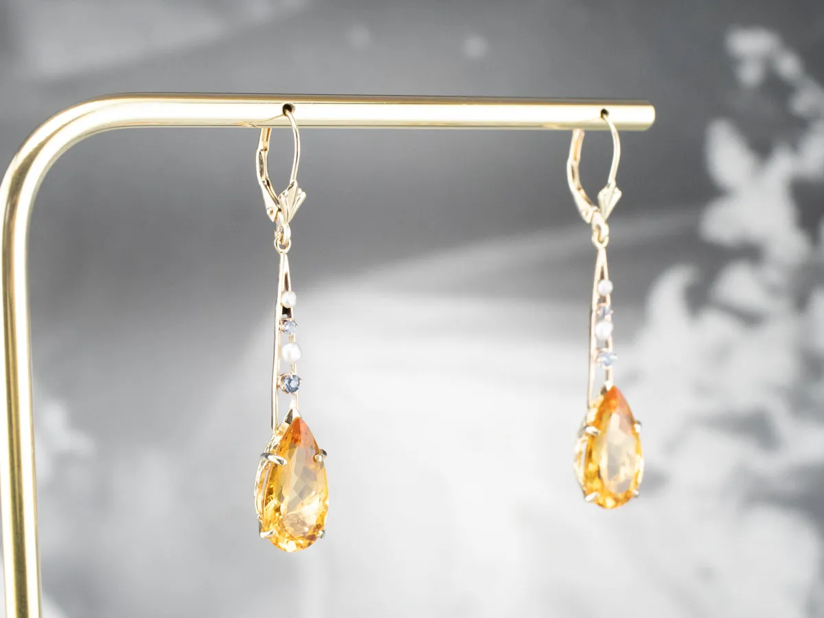 Pear Cut Citrine Gold Bar Drop Earrings