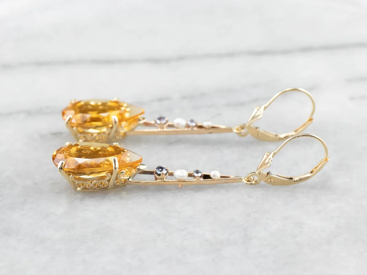 Pear Cut Citrine Gold Bar Drop Earrings