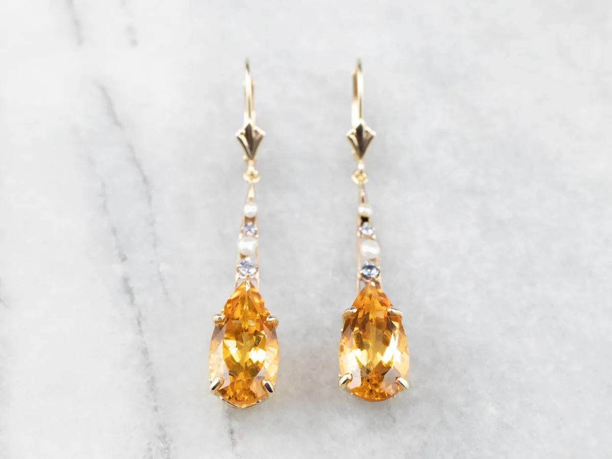 Pear Cut Citrine Gold Bar Drop Earrings