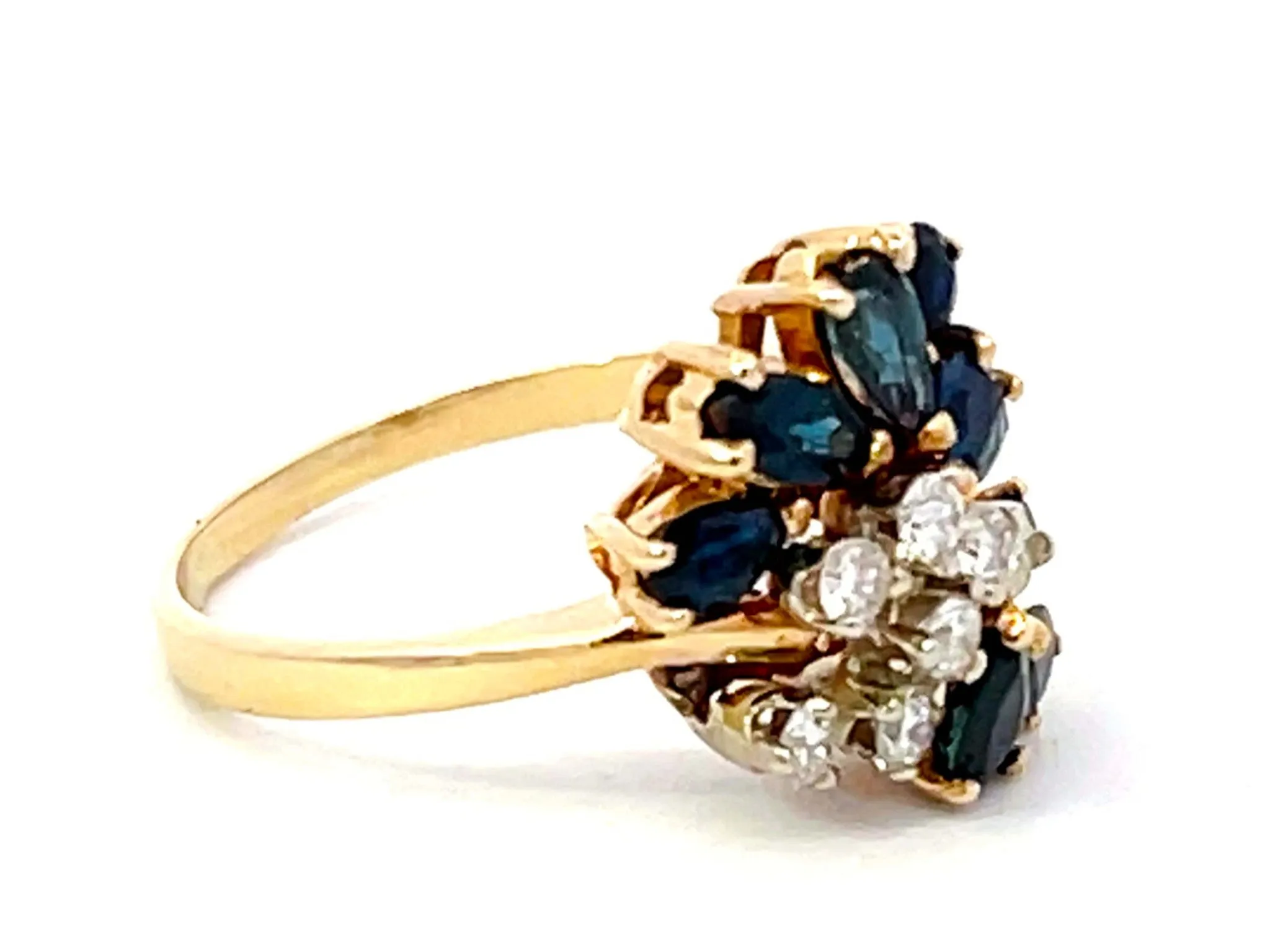 Pear Shaped Blue Sapphires and Diamond Ring in 14k Yellow Gold