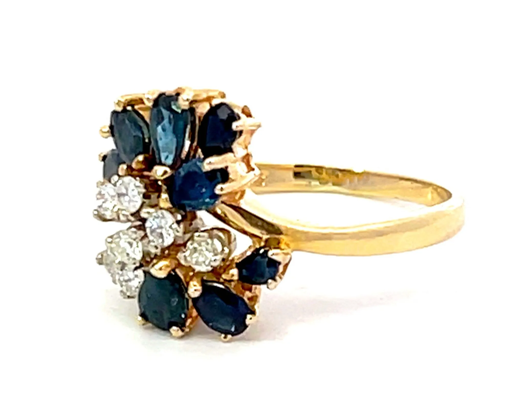 Pear Shaped Blue Sapphires and Diamond Ring in 14k Yellow Gold